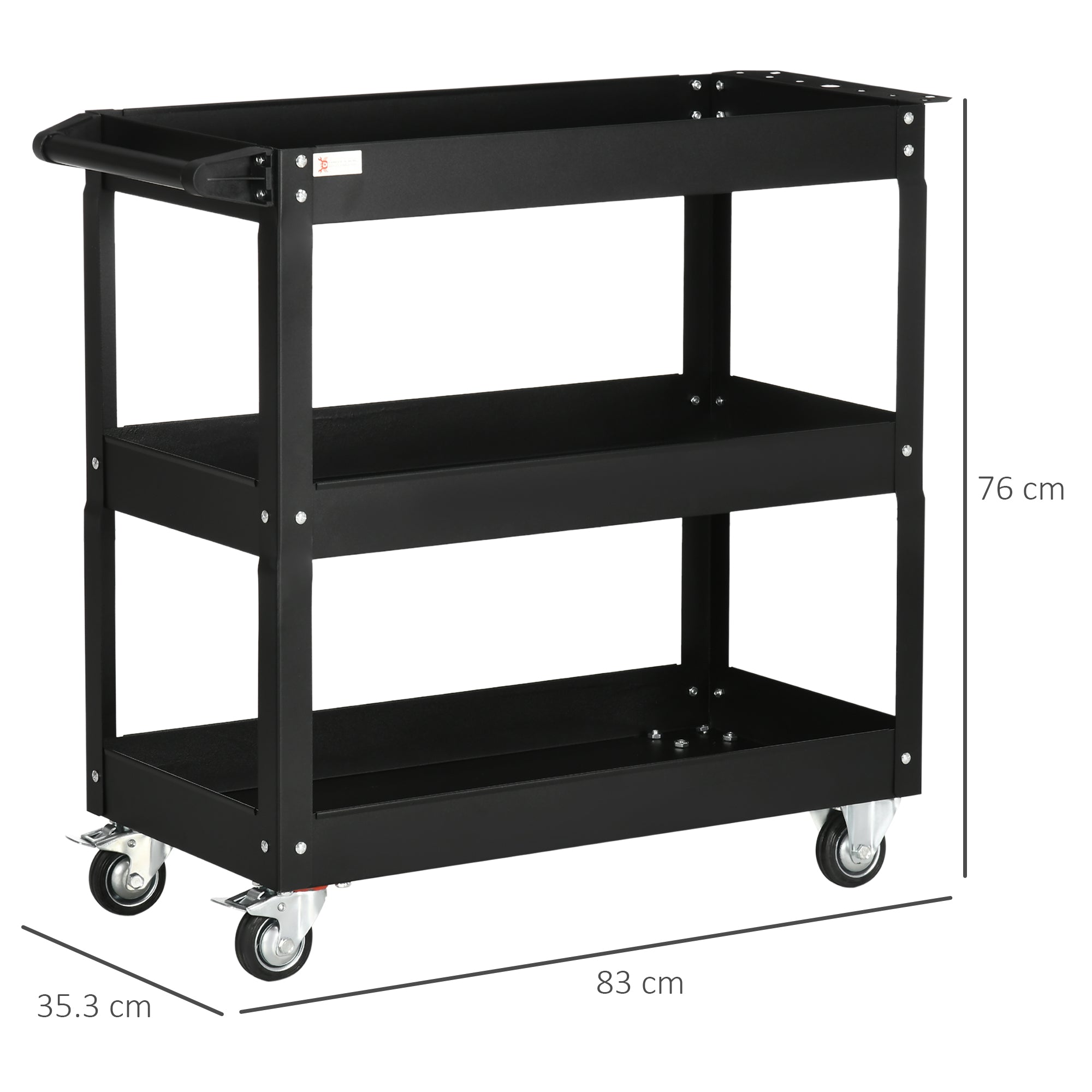 EasyComfort Carrello Porta Attrezzi a 3 Livelli in Acciaio con Bordi Alti e 4 Ruote Girevoli, 83x35.3x76 cm, Nero