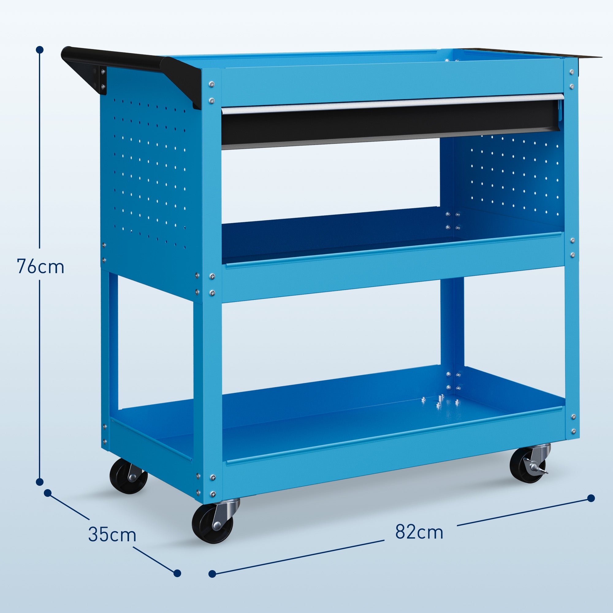 EasyComfort Carrello Porta Attrezzi con Manico Laterale, Cassetto e 3 Ripiani in Acciaio, 82x35x76 cm, Blu