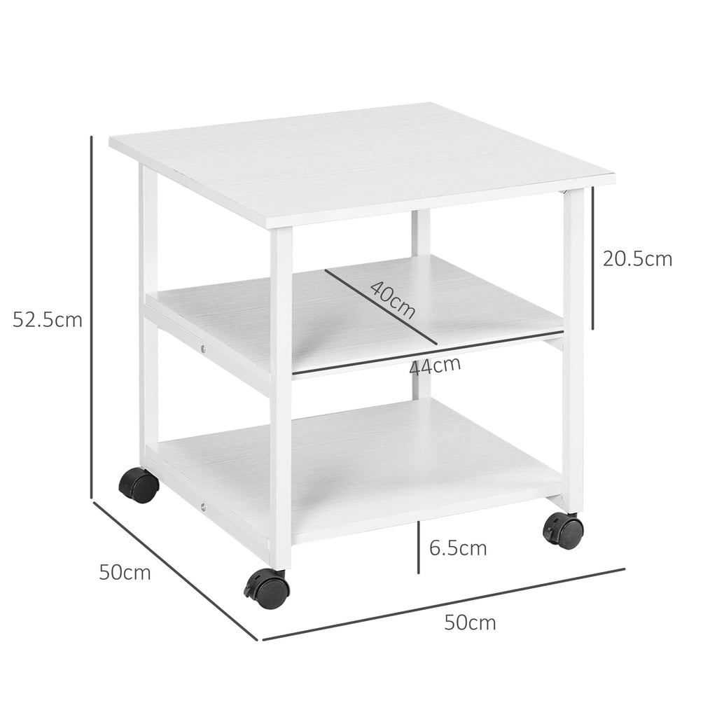 EasyComfort Carrello salvaspazio Porta Stampante a 3 Ripiani, mobile da ufficio con 4 Ruote, Legno e Acciaio, 50x50x52.5cm, Bianco