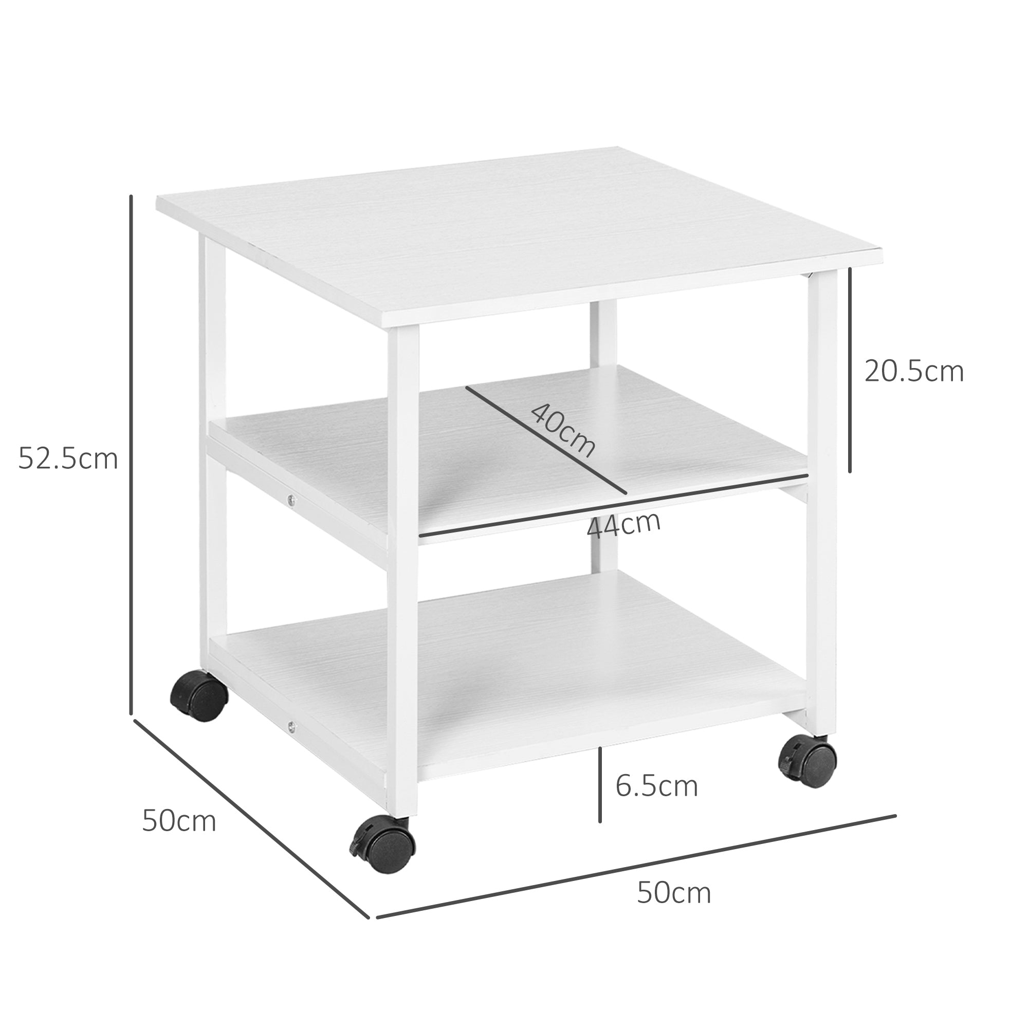 EasyComfort Carrello salvaspazio Porta Stampante a 3 Ripiani, mobile da ufficio con 4 Ruote, Legno e Acciaio, 50x50x52.5cm, Bianco