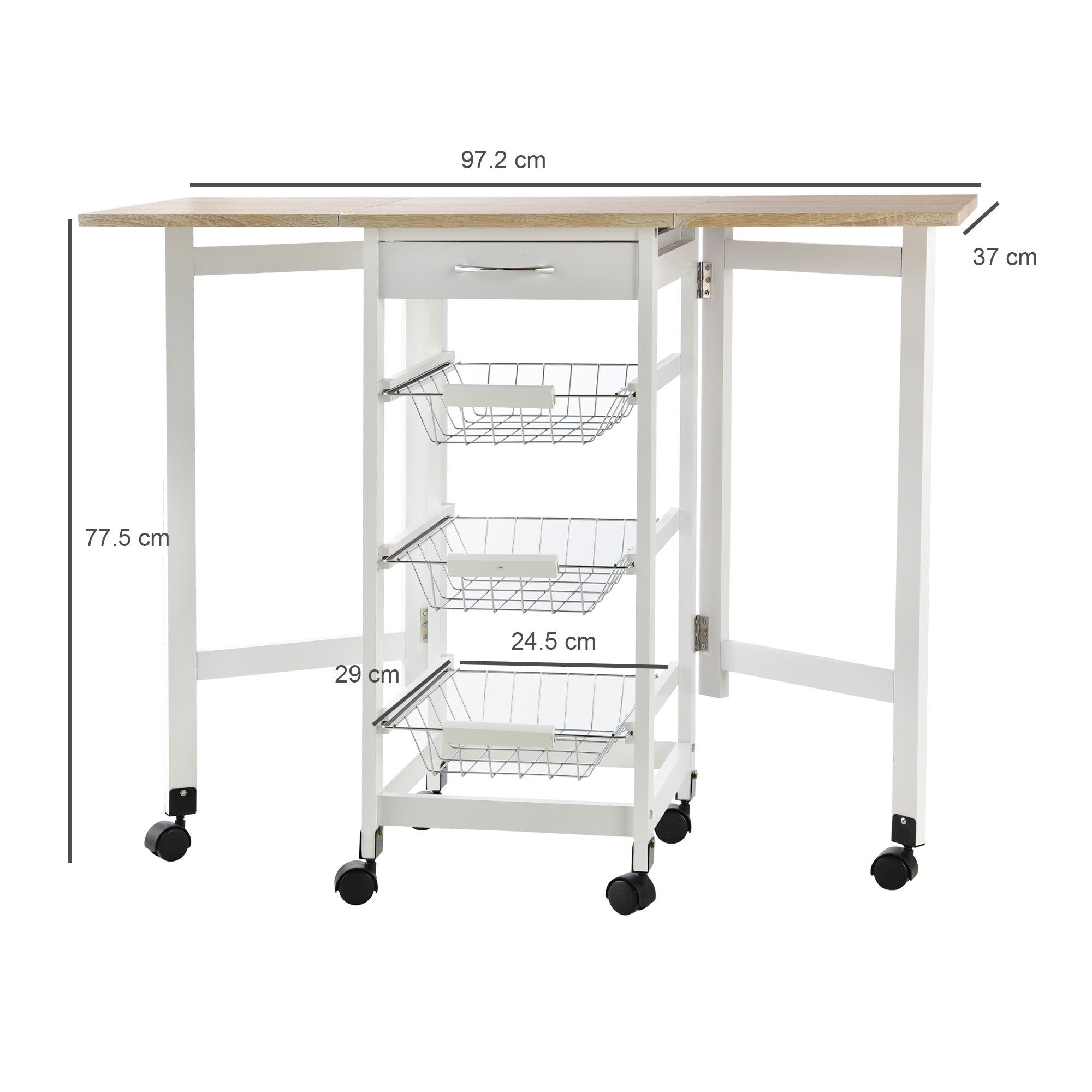 Easycomfort Carrello Portavivande Pieghevole a 6 Ruote with 3 Cestini, Cassetto e 2 Ribalte, Carrellino per Cucina in MDF e Metallo, 37x37x77.5 cm, white e Legno