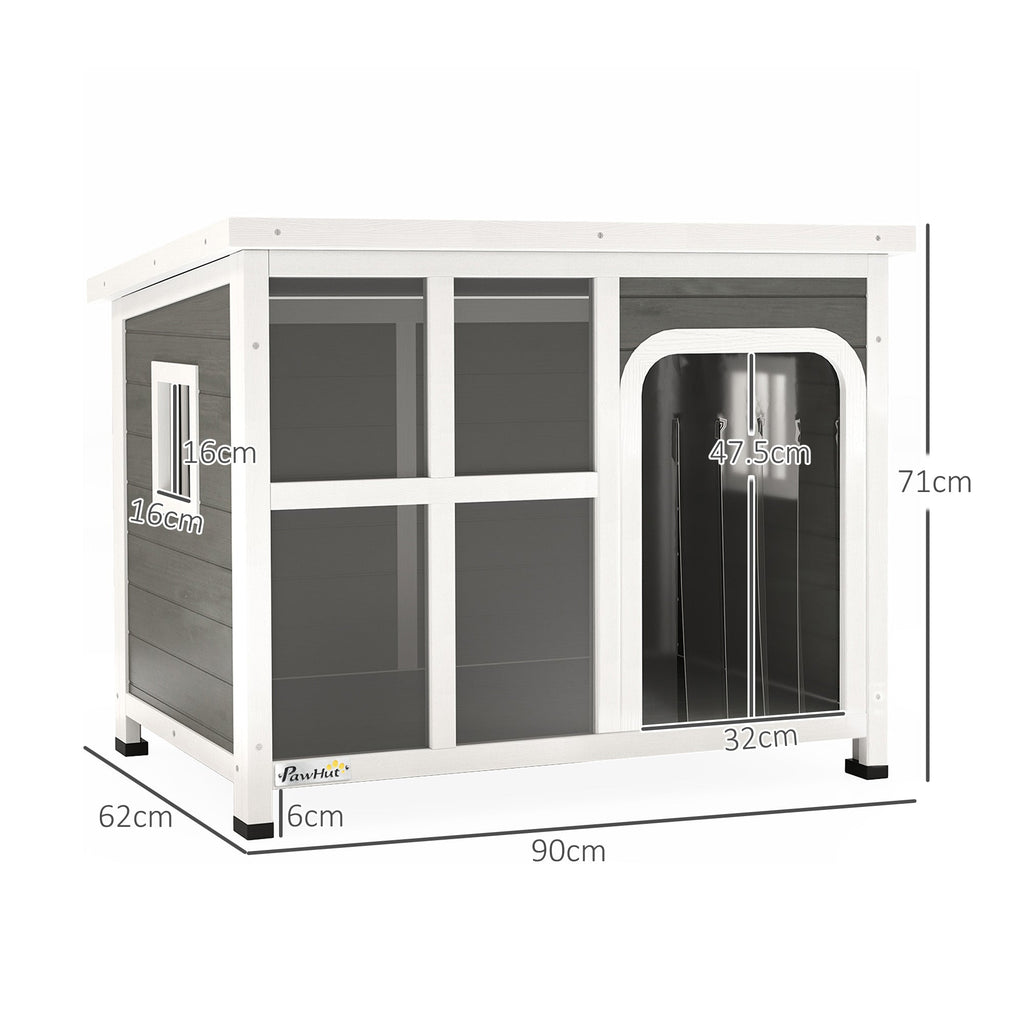 EasyComfort Casetta per Cani con Finestrelle e Ingresso a Tenda, in Legno di Abete, 90x62x71 cm, Grigio Chiaro