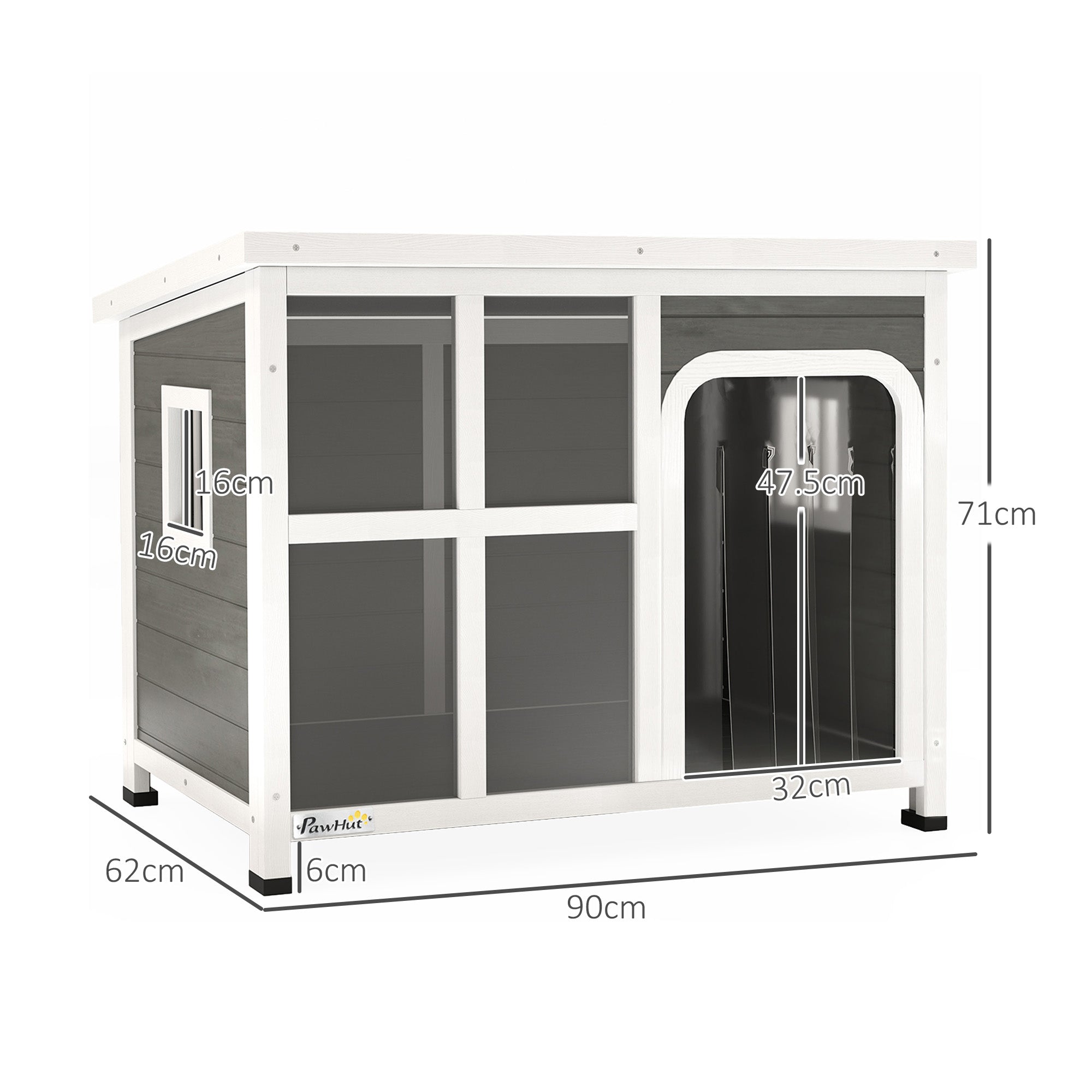EasyComfort Casetta per Cani con Finestrelle e Ingresso a Tenda, in Legno di Abete, 90x62x71 cm, Grigio Chiaro
