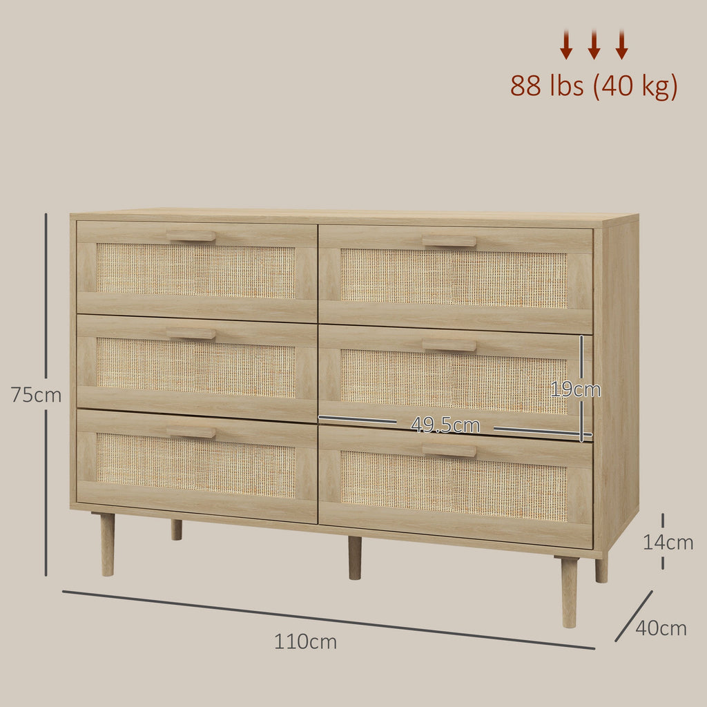 EasyComfort Cassettiera 6 Cassetti in Legno e Rattan Stile Boho per Soggiorno e Camera da Letto, 110x40x75 cm
