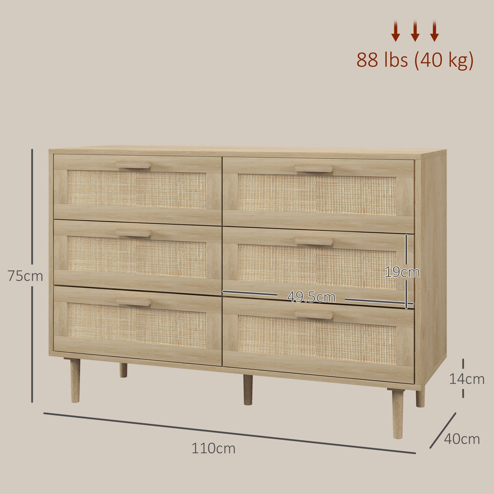 EasyComfort Cassettiera 6 Cassetti in Legno e Rattan Stile Boho per Soggiorno e Camera da Letto, 110x40x75 cm