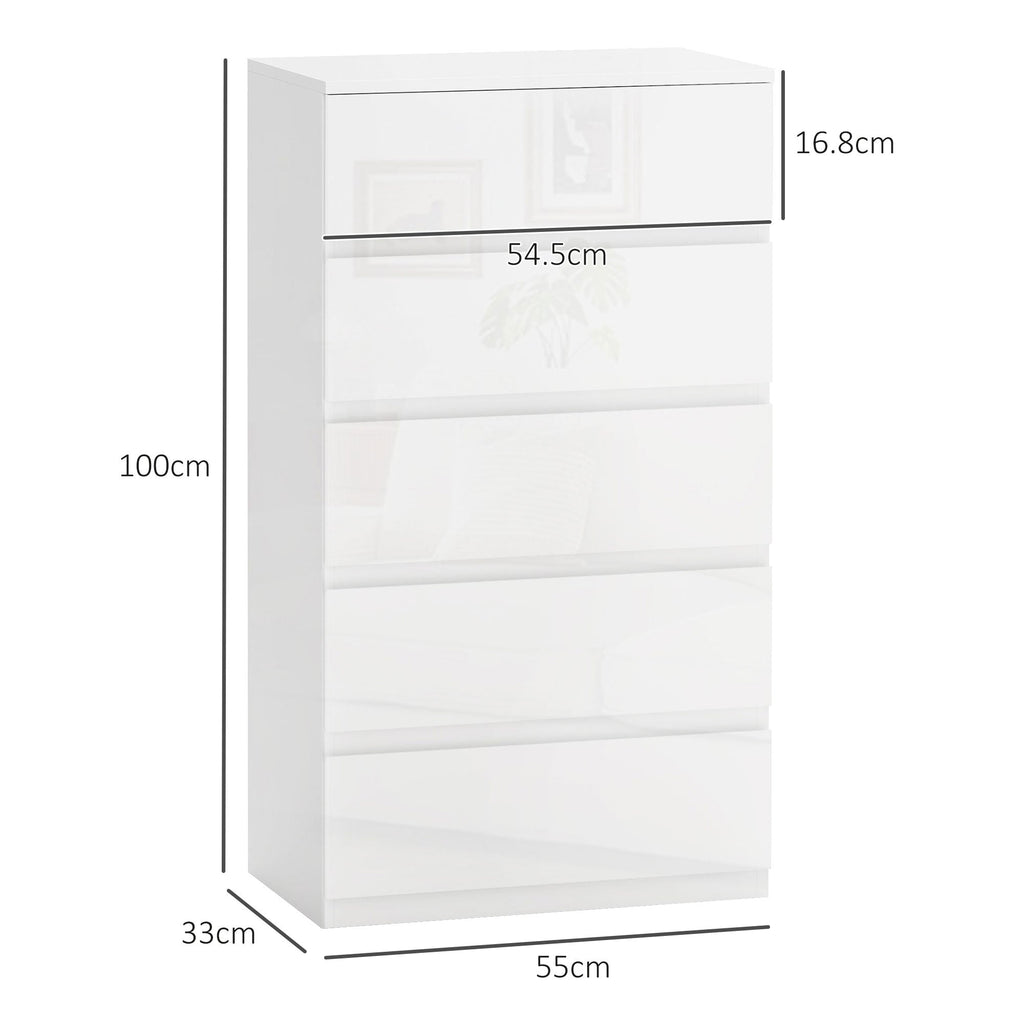 EasyComfort 5-ladenkast modern met anti-kantel, 55x33x100 cm, hoogglans wit