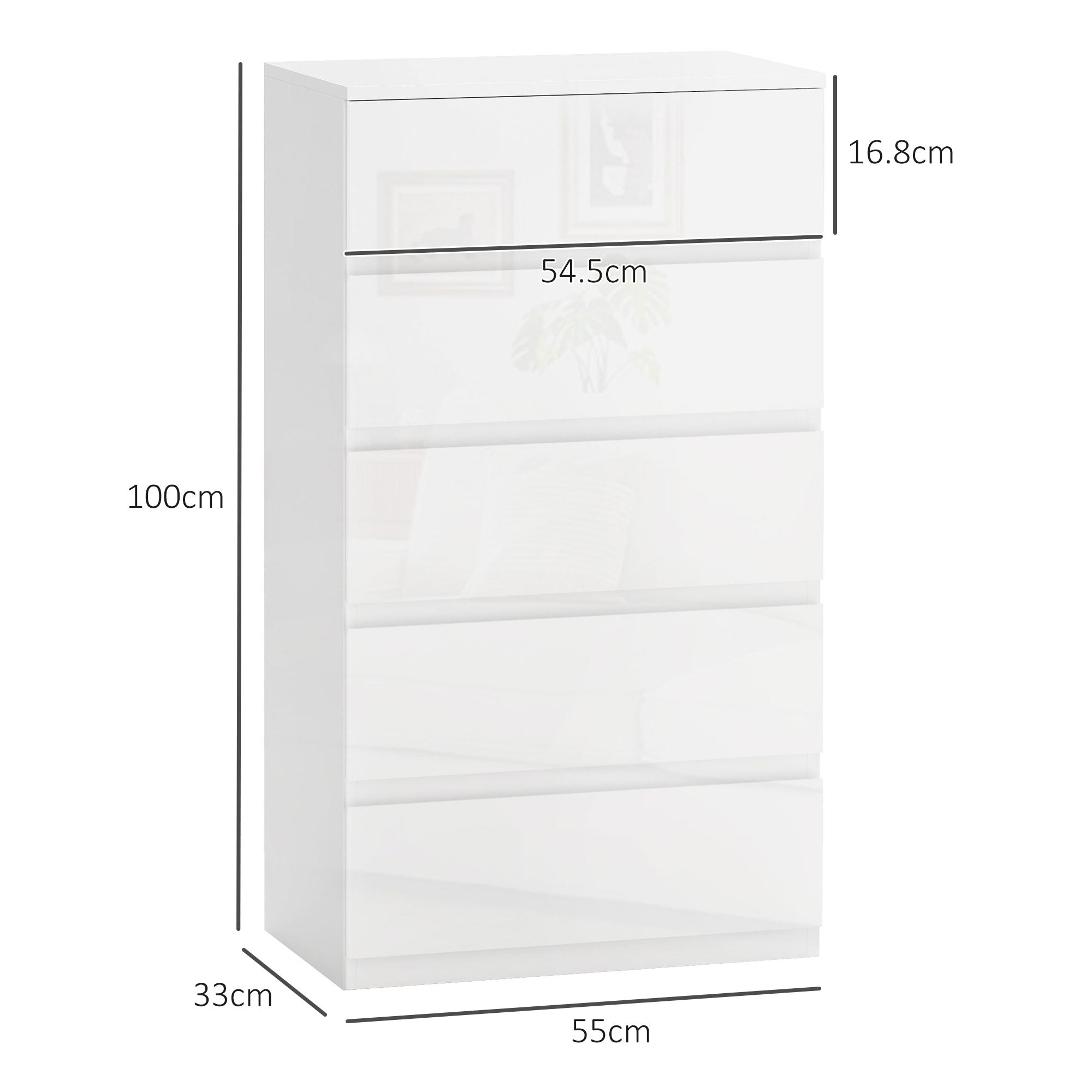 EasyComfort 5-ladenkast modern met anti-kantel, 55x33x100 cm, hoogglans wit