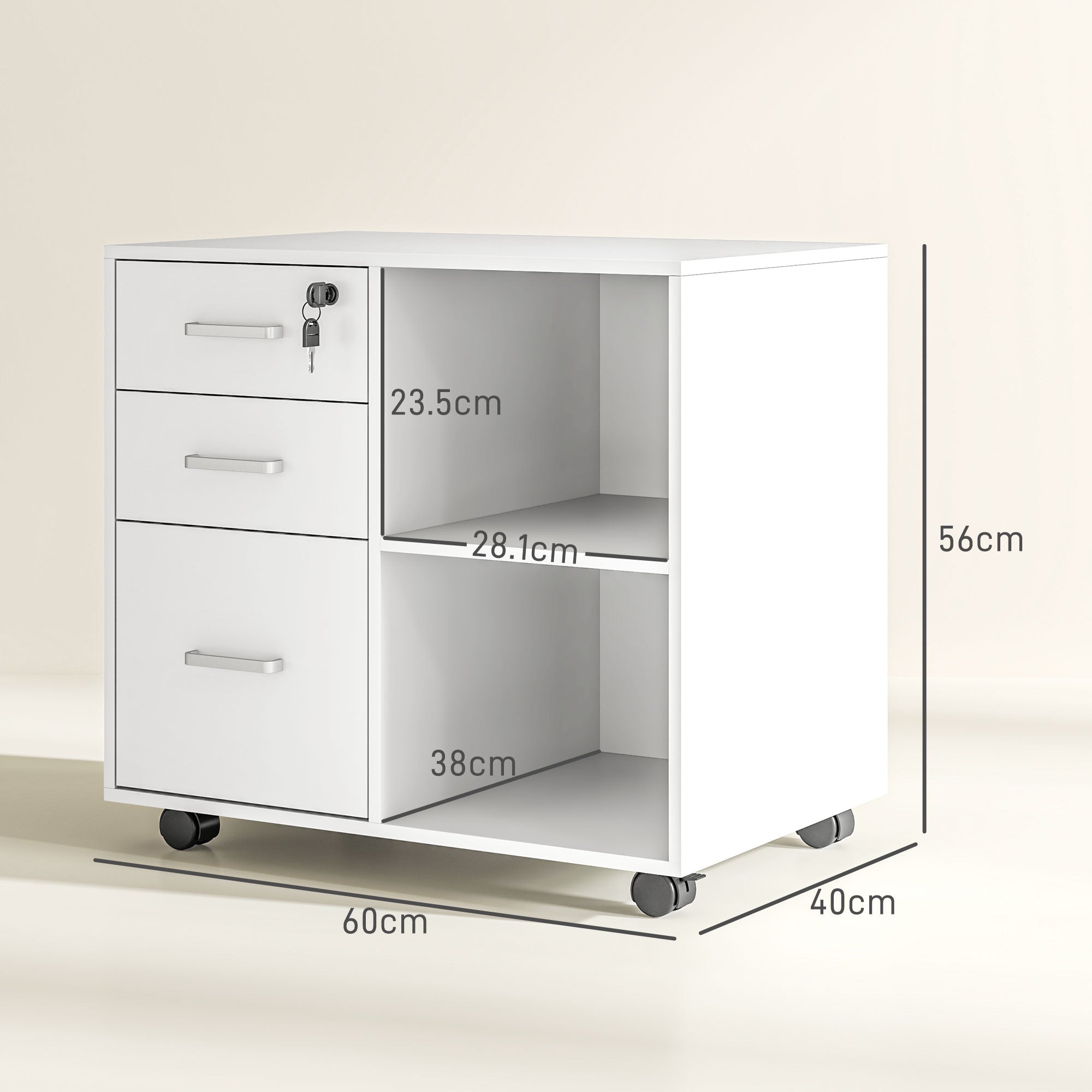 EasyComfort Ladekast 3 lades met slot en wielen 60x40x56 cm wit