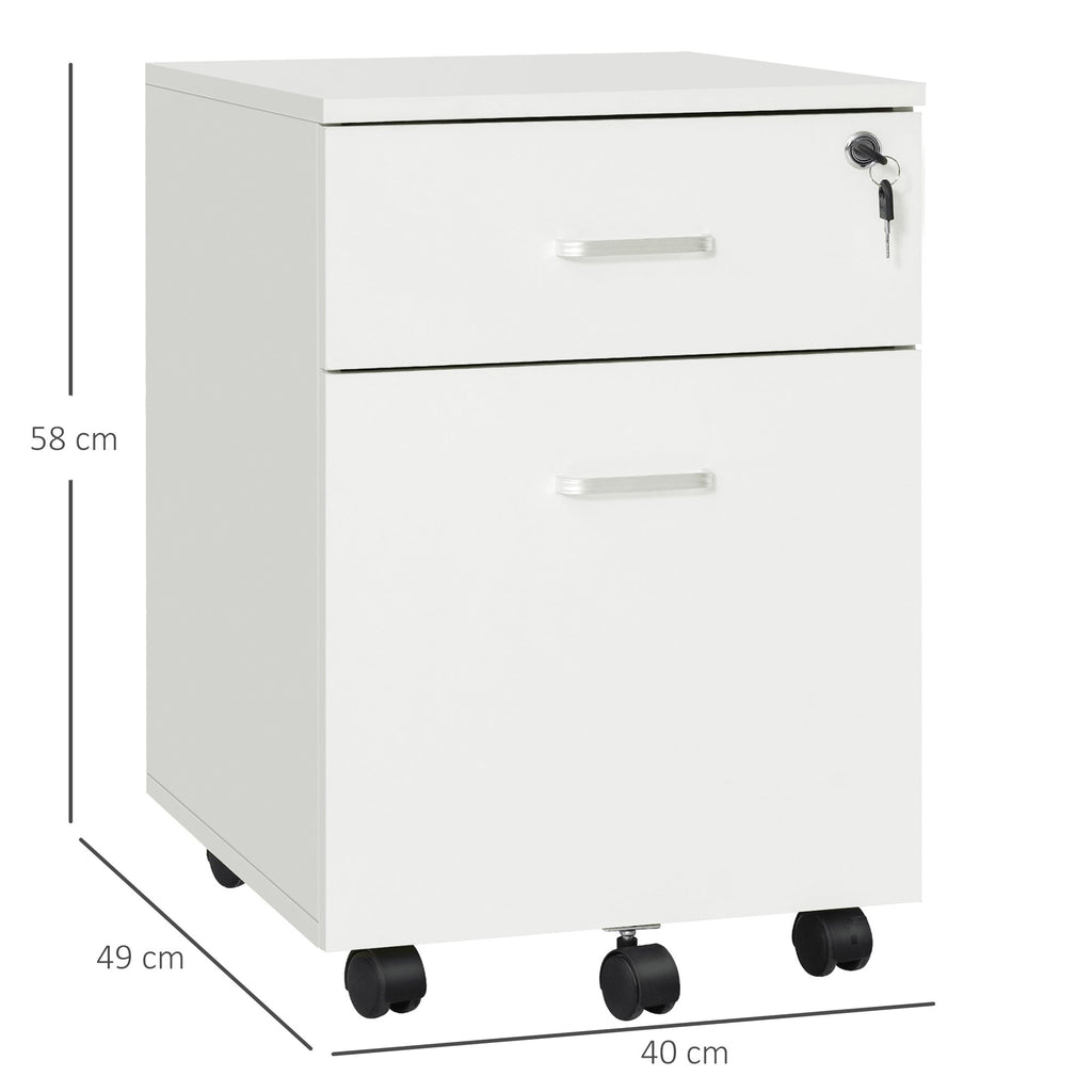 EasyComfort Cassettiera Ufficio a 2 Cassetti con Serratura e 5 Ruote, in Truciolato, 40x49x58 cm, Bianco