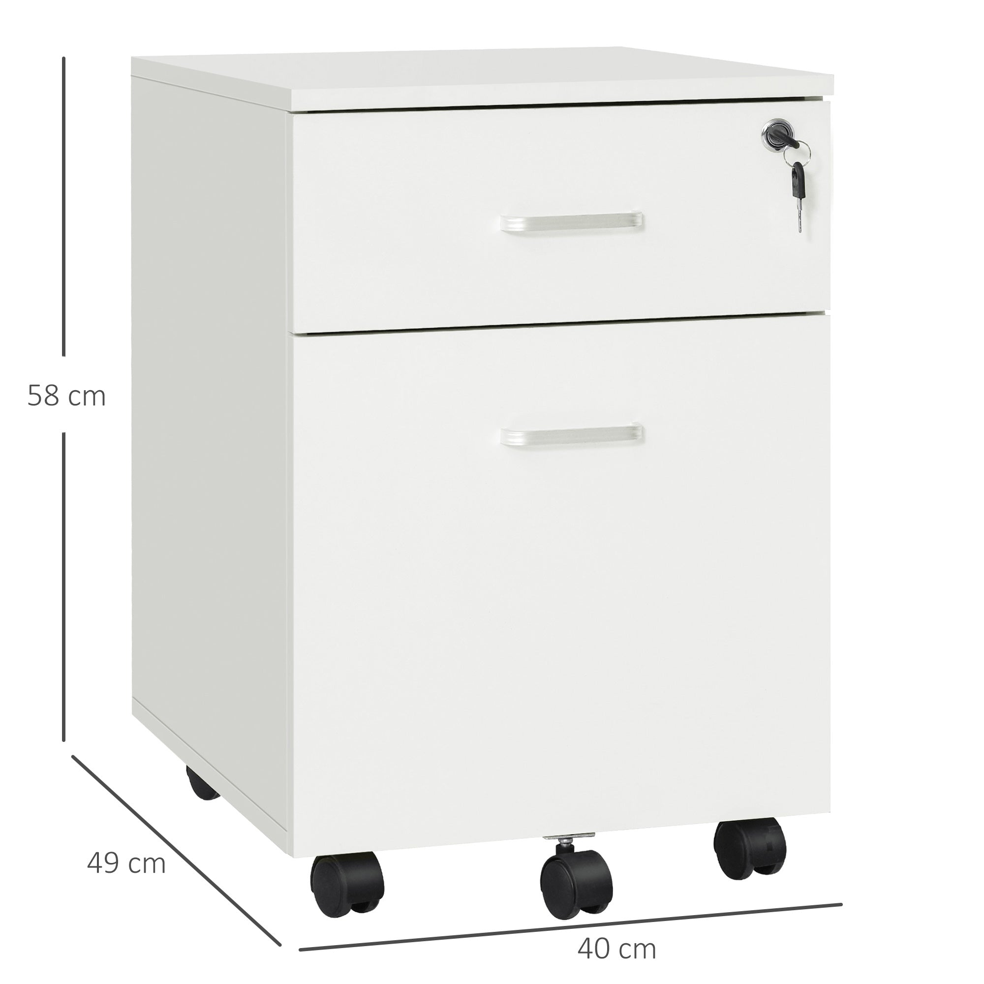 EasyComfort Cassettiera Ufficio a 2 Cassetti con Serratura e 5 Ruote, in Truciolato, 40x49x58 cm, Bianco