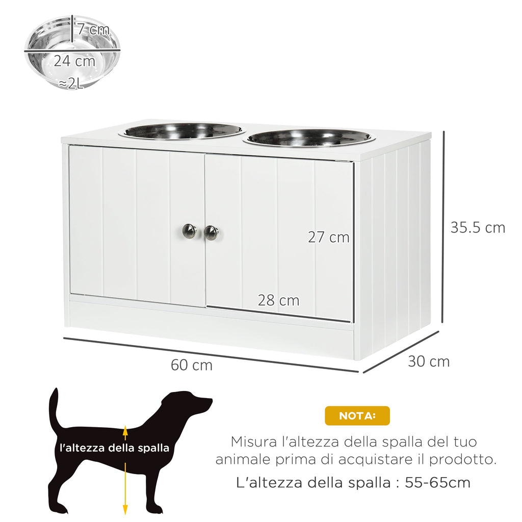 EasyComfort Ciotole per Cani Rialzate con Armadietto da 44L e 2 Ciotole in Acciaio, 60x30x35.5cm, Bianco