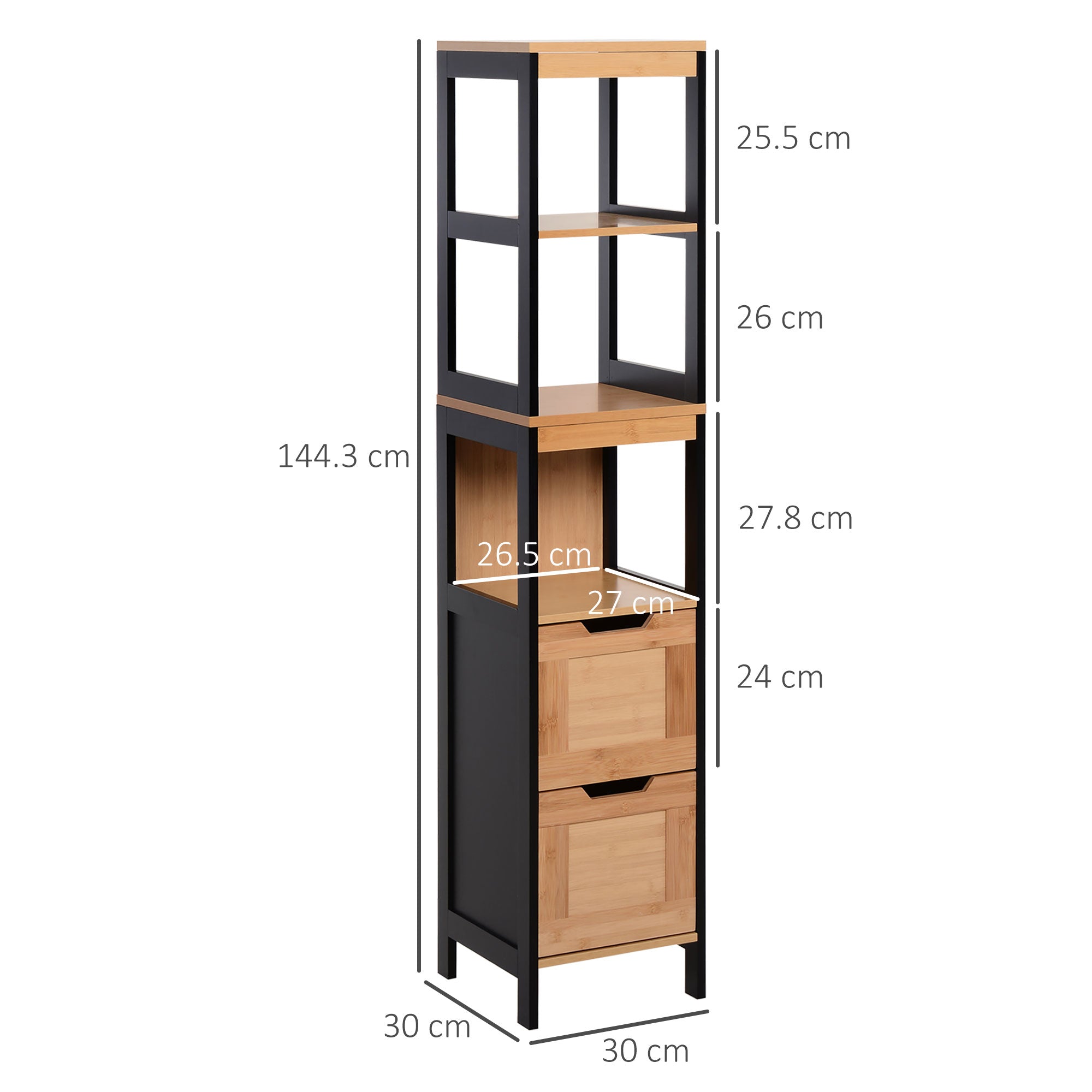 EasyComfort Kolomkast badkamer 2 lades 3 open vakken 30x30x144.3 cm