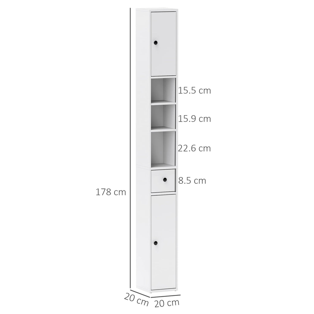 EasyComfort Colonna Bagno Salvaspazio with 2 Armadietti, 3 Ripiani Aperti e Cassetto, in Legno, 20x20x178 cm, white