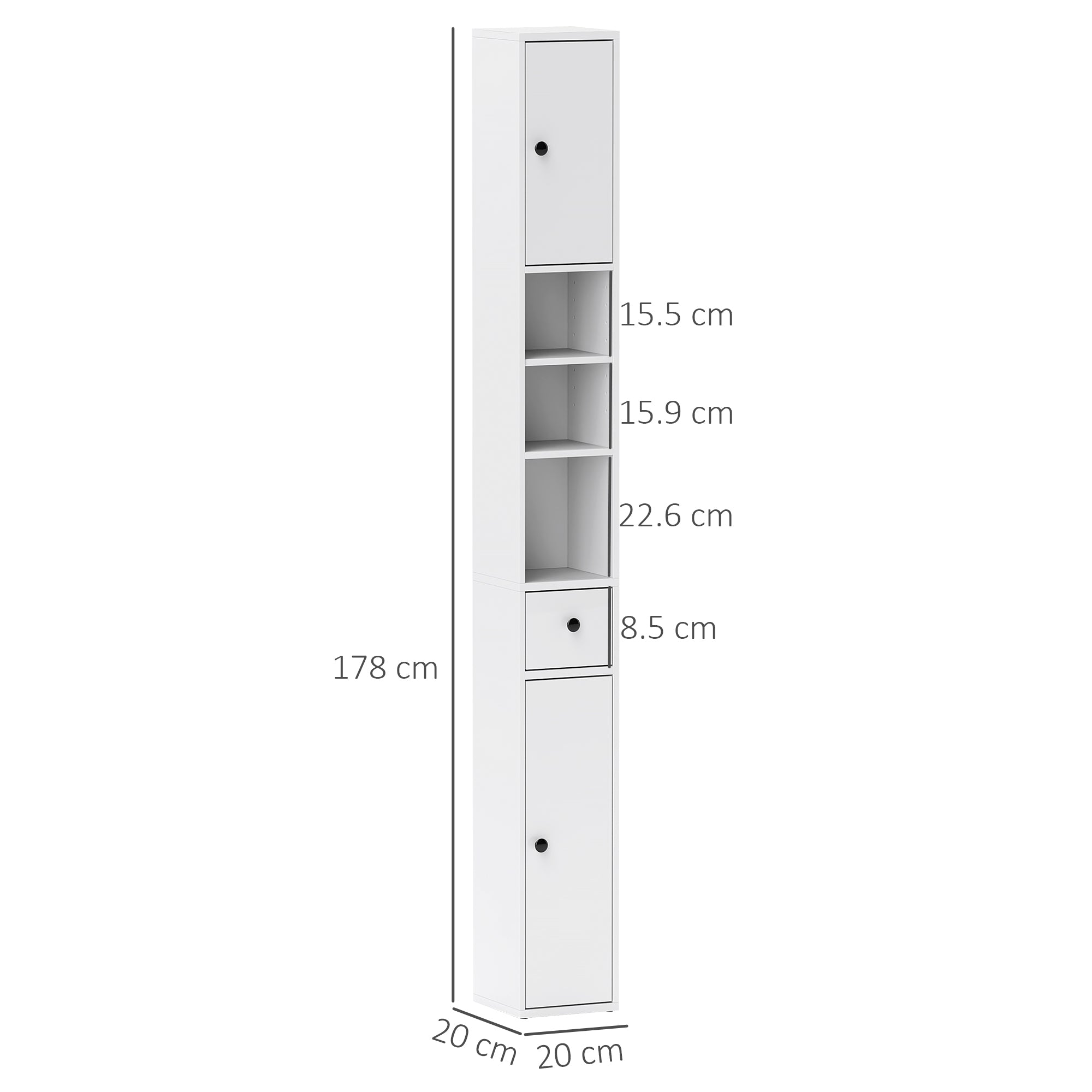 EasyComfort Colonna Bagno Salvaspazio with 2 Armadietti, 3 Ripiani Aperti e Cassetto, in Legno, 20x20x178 cm, white
