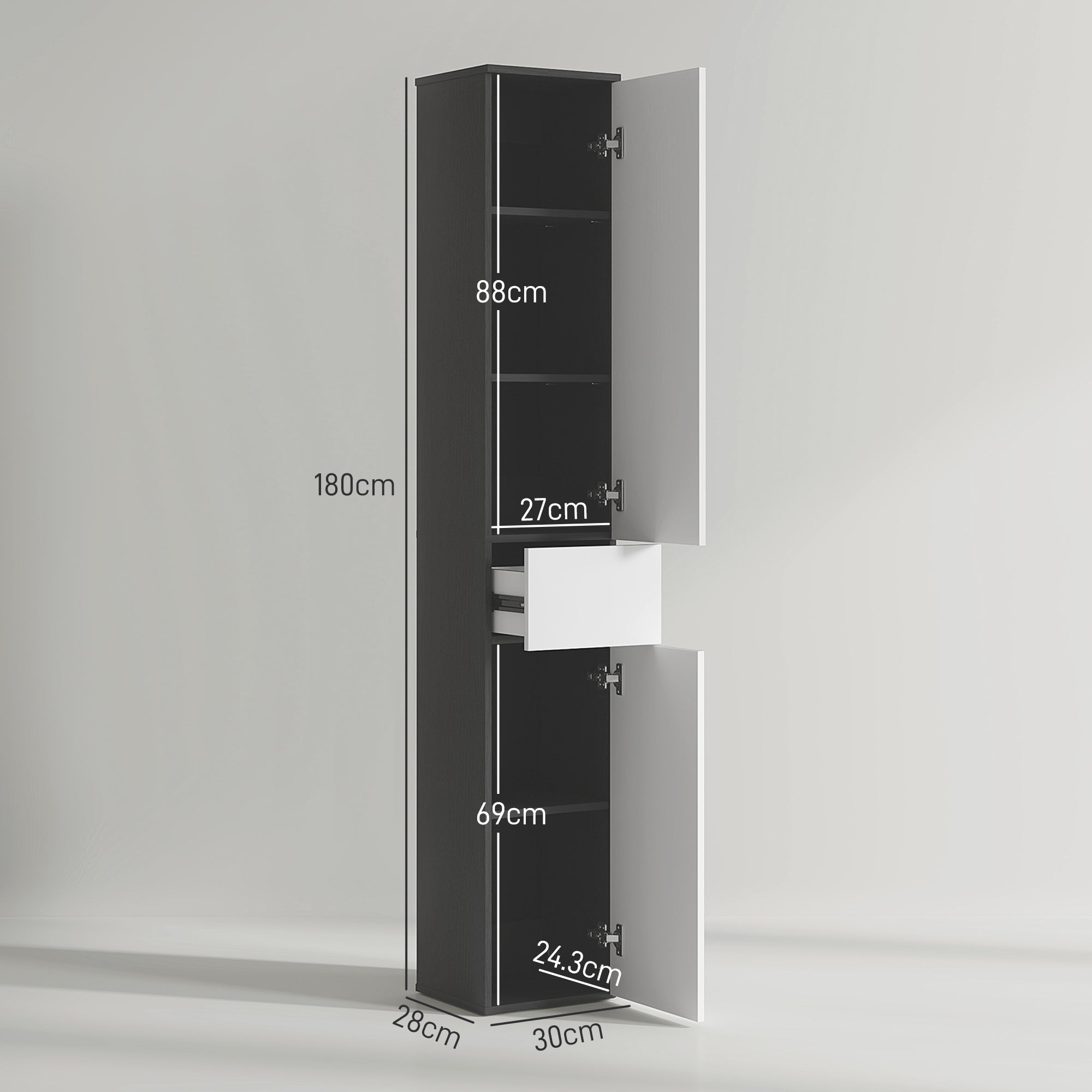 EasyComfort Colonna Bagno Salvaspazio in Legno with 2 Armadietti e Cassetto, 30x28x180 cm, black