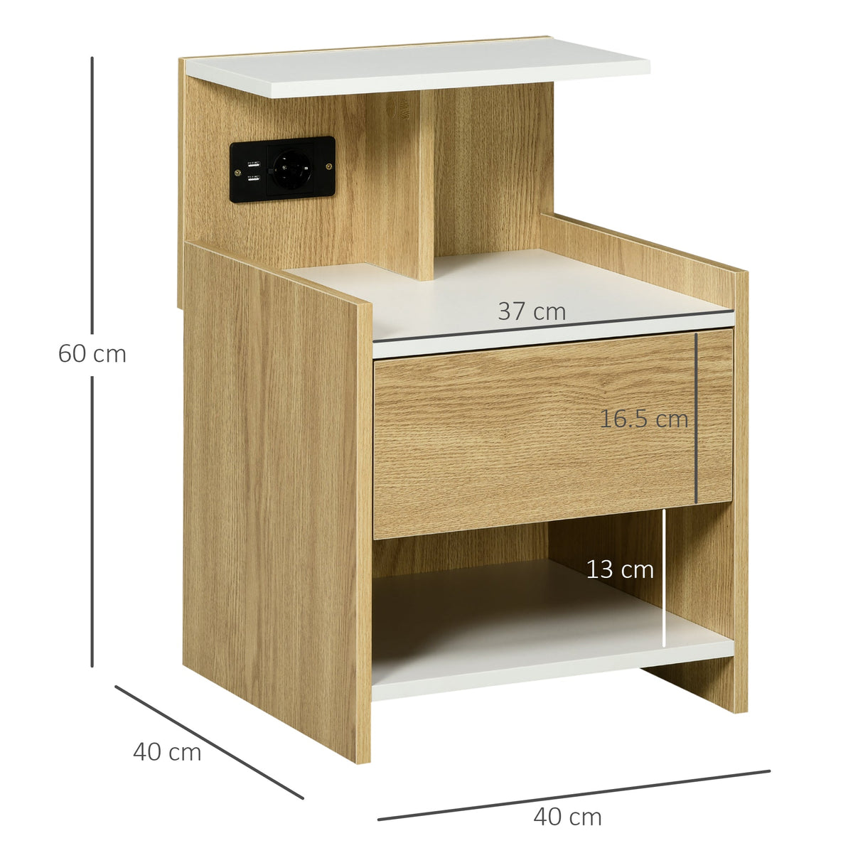 EasyComfort nachtkastje met stopcontact en 2 USB 40x40x60 cm