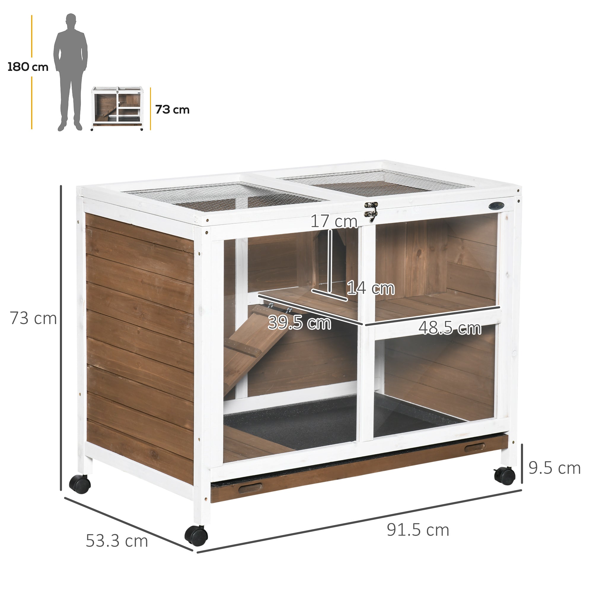 EasyComfort Conigliera a 2 Livelli con Casetta, Rampa e Vassoio Estraibile, in Legno di Abete, 91.5x53.3x73 cm, Marrone
