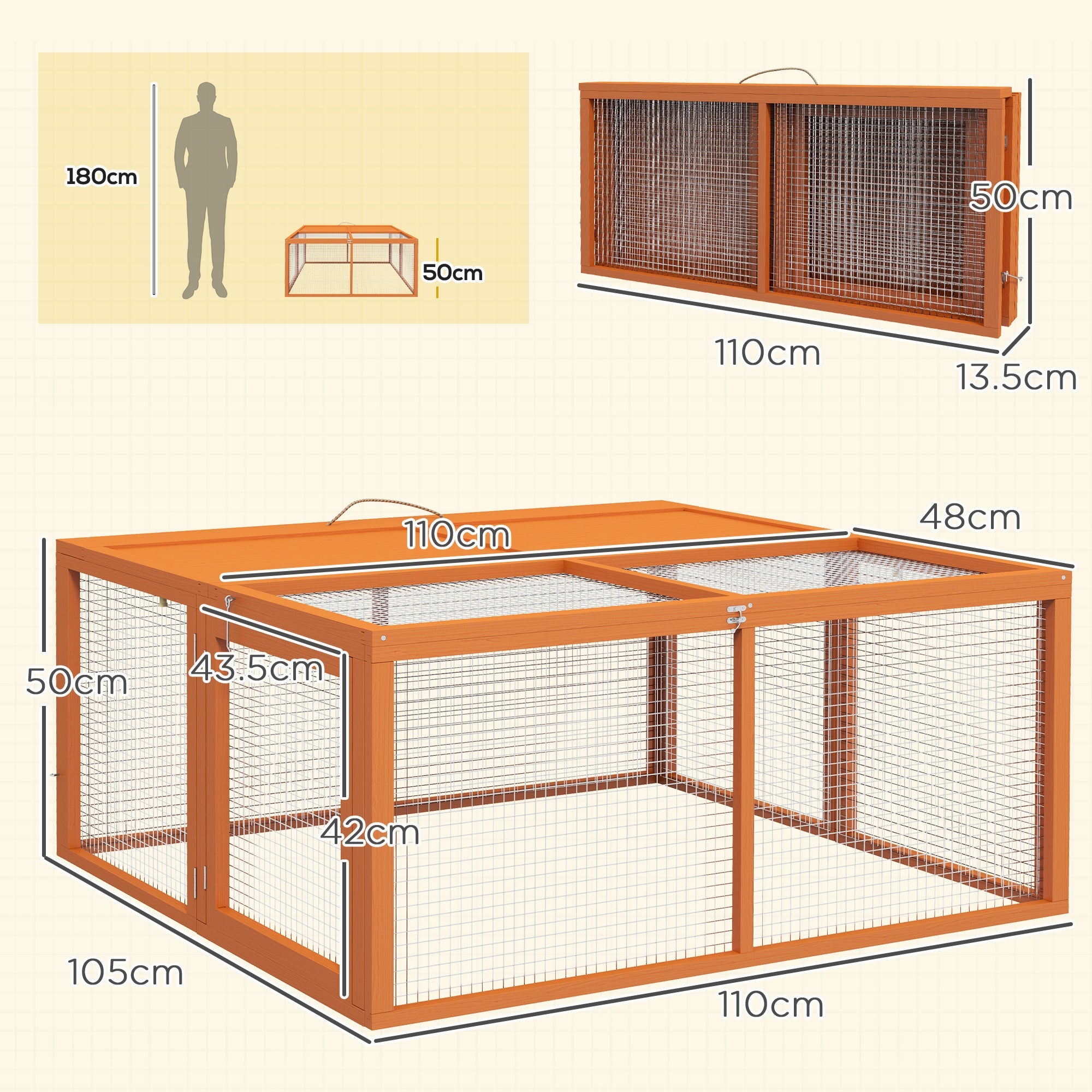 EasyComfort Conigliera da Esterno Pieghevole per 2-3 Roditori con Ingressi Multipli, in Legno e Acciaio, 110x105x50 cm, Arancione