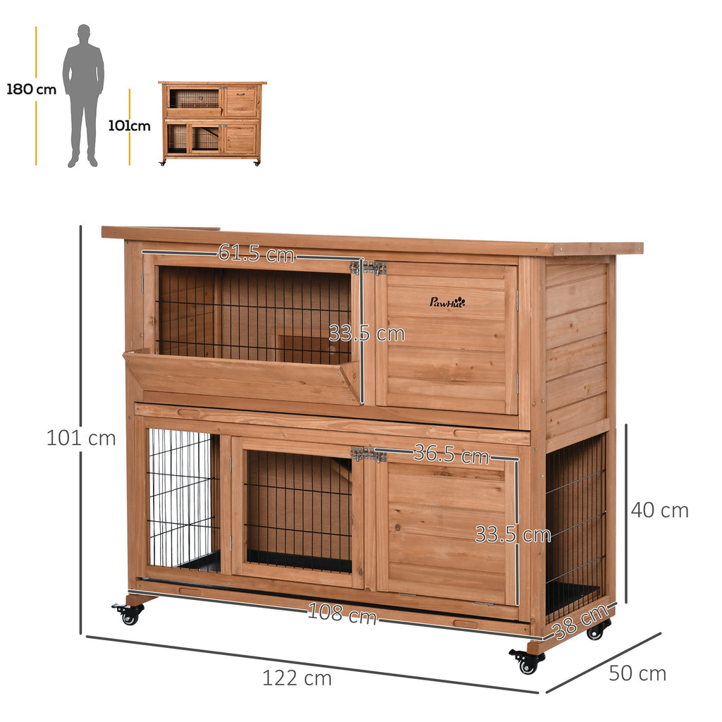Easycomfort Conigliera in Legno a 2 Livelli with Ruote, Vassoio Estraibile e Rampa, 122x50x101cm