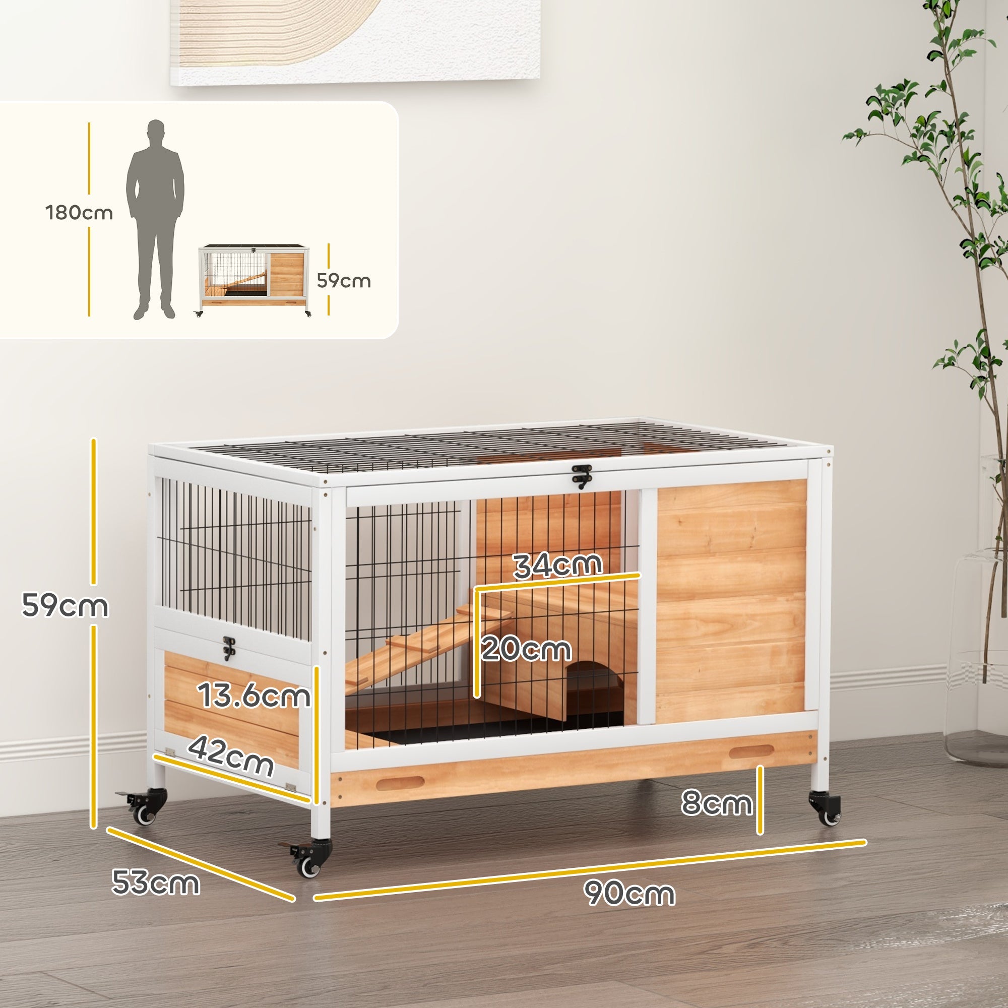 EasyComfort Konijnenhok vurenhout met 4 wielen 90x53x59 cm