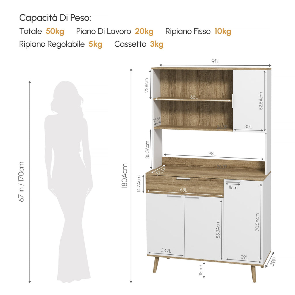 EasyComfort Credenza Cucina Alta Moderna con Armadietti e Cassetto, Mobile Dispensa con Ripiani regolabili, 98x39x180cm, Bianco e Legno