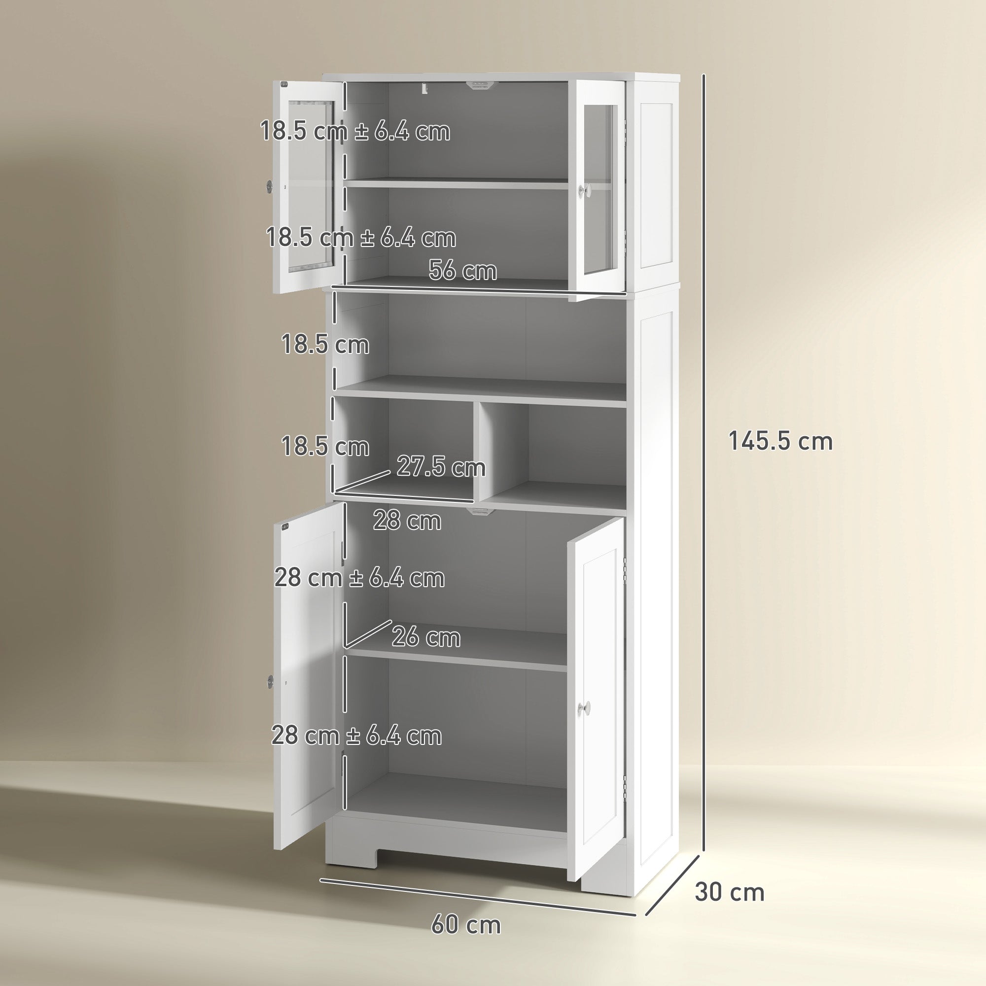 EasyComfort Credenza Cucina keukenkast 60x30x145.5 cm, 2 deurtjes, 3 open vakken, wit