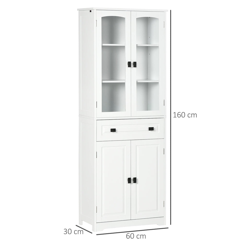 EasyComfort Credenza da Cucina Alta with 2 Armadietti e Cassetto, Ante a Vetri e Ripiani Regolabili, 60x30x160cm, white