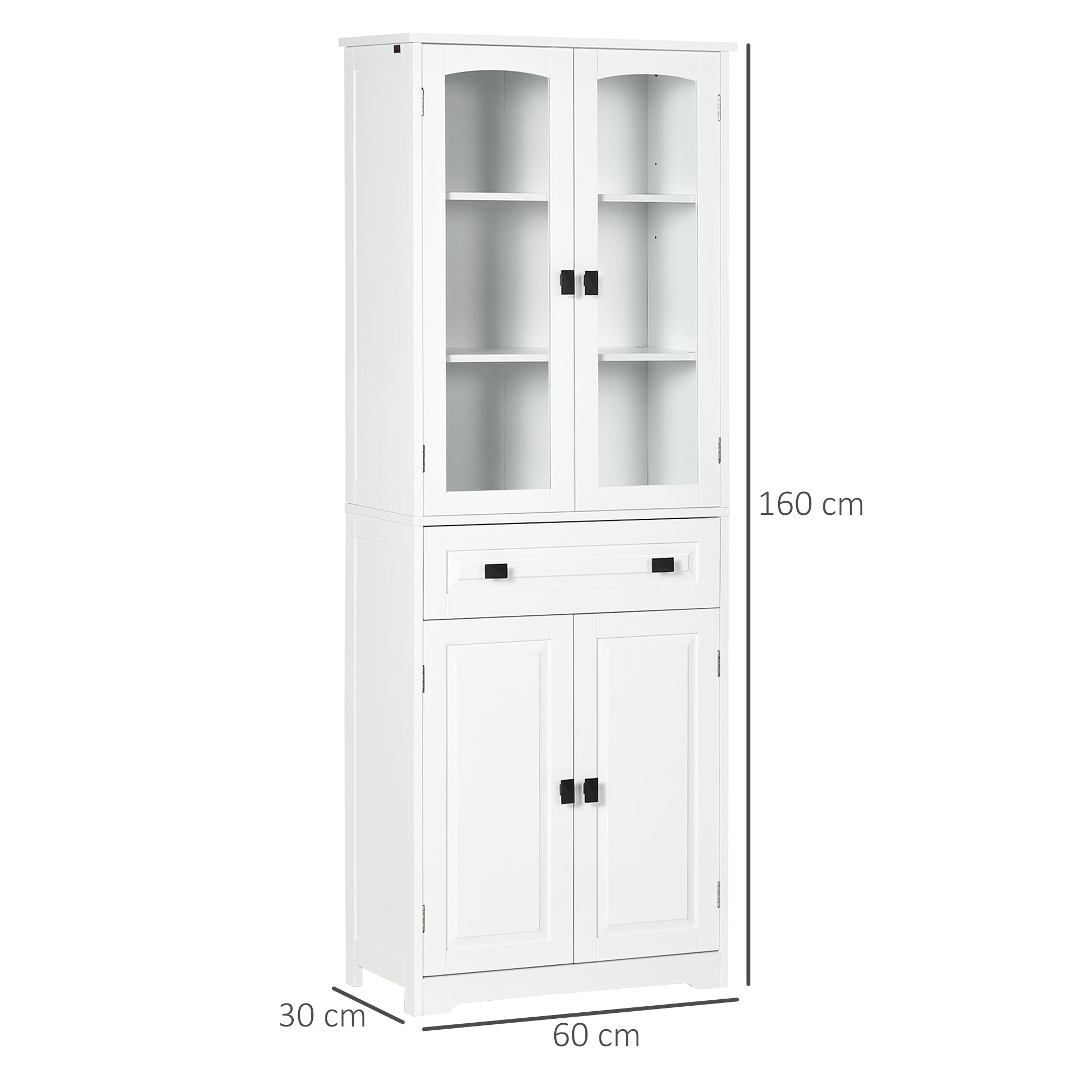 EasyComfort Credenza da Cucina Alta with 2 Armadietti e Cassetto, Ante a Vetri e Ripiani Regolabili, 60x30x160cm, white