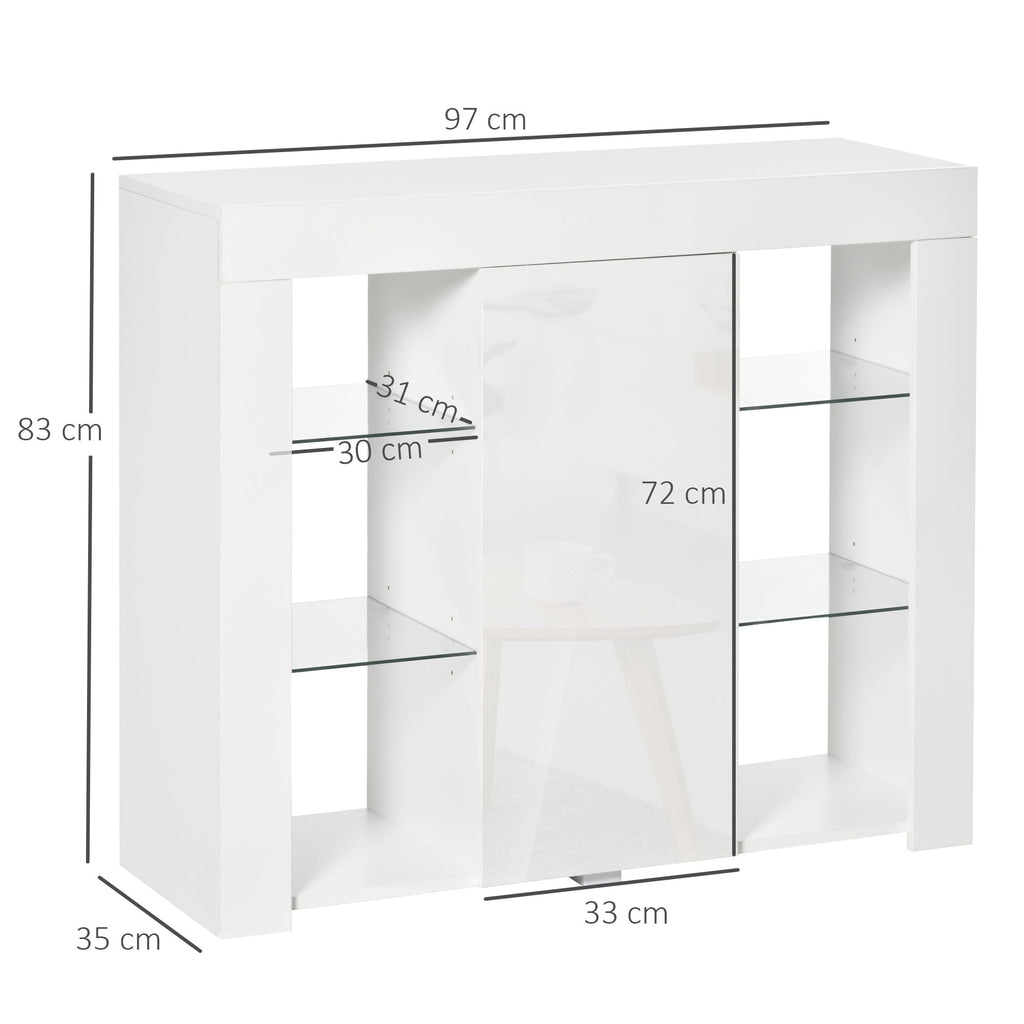 Easycomfort Credenza Moderna a Anta with Luci LED e Mensole in Vetro, Mobile Multiuso in Legno with Finitura Lucida, 97x35x83cm, white