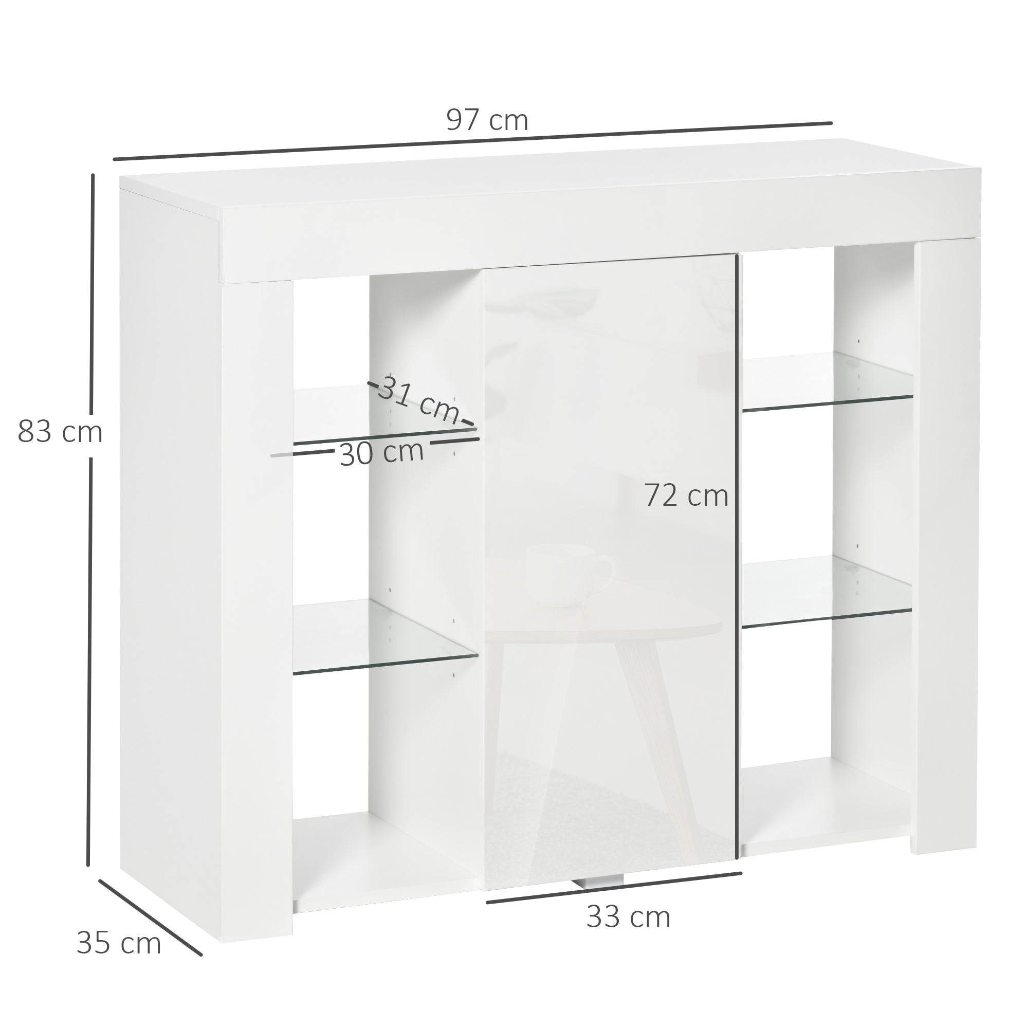 Easycomfort Credenza Moderna a Anta with Luci LED e Mensole in Vetro, Mobile Multiuso in Legno with Finitura Lucida, 97x35x83cm, white