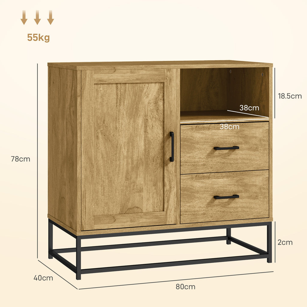 EasyComfort Credenza Moderna with 2 Cassetti, Armadietto Regolabile e Ripiano Aperto, in Legno e Acciaio, 80x40x78 cm, Marrone