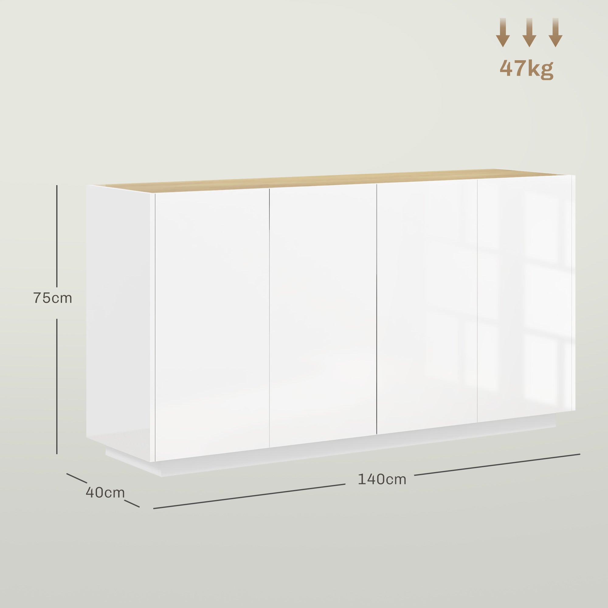 EasyComfort Credenza Moderna with Armadietti a 2 Ante, Chiusura Ammortizzata e Ripiani Regolabili, 140x40x75cm, white Lucido