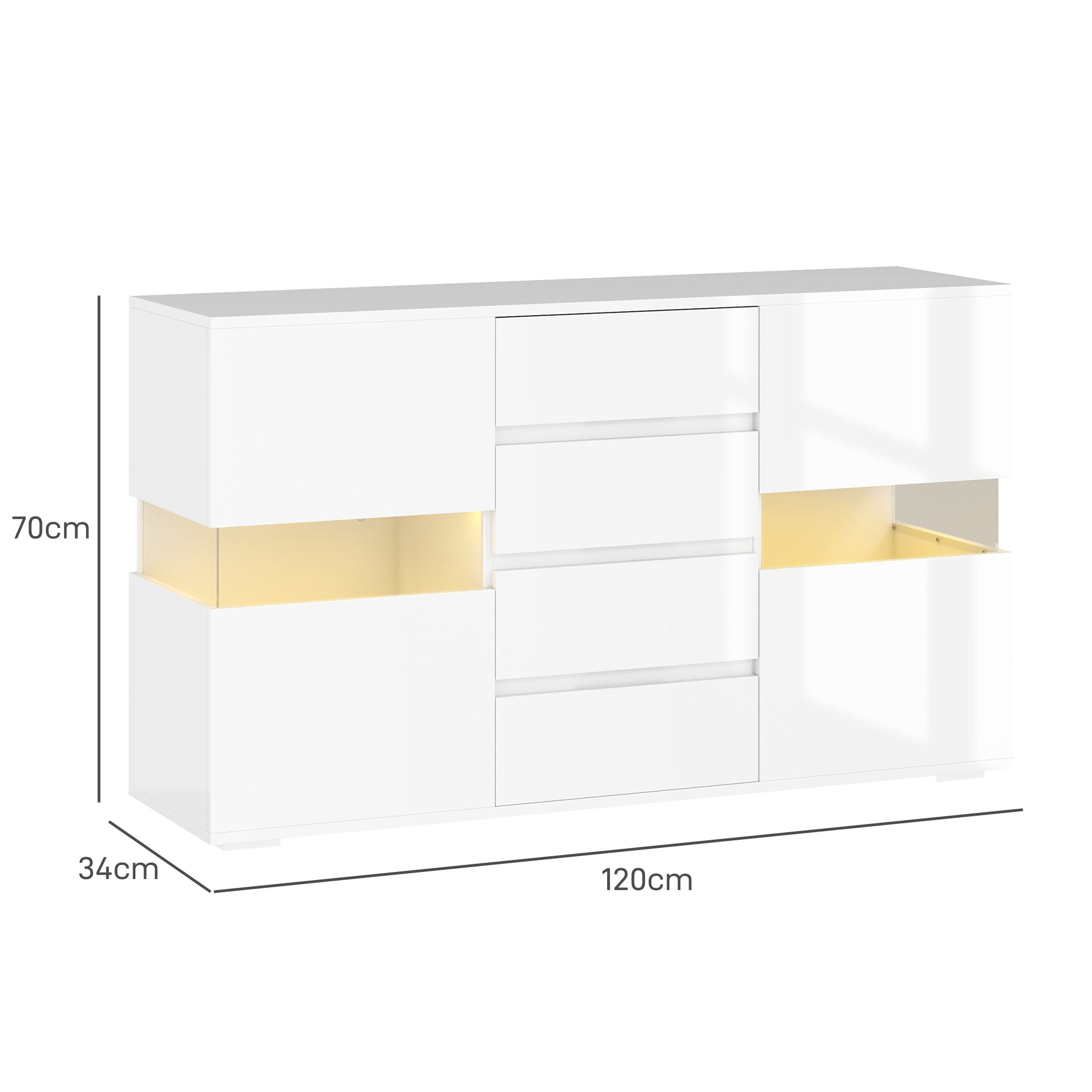 EasyComfort Credenza Moderna dressoir 120x34x70 cm, wit, LED en 4 lades