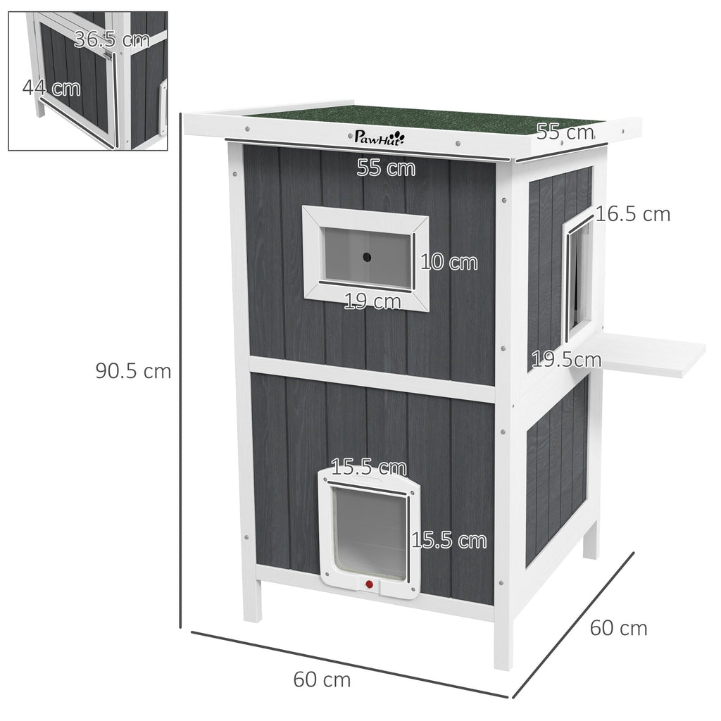 EasyComfort Cuccia per Gatti da Esterno in Legno a 2 Livelli con Tetto in Asfalto e 4 Porte, 60x60x90.5cm, Grigio