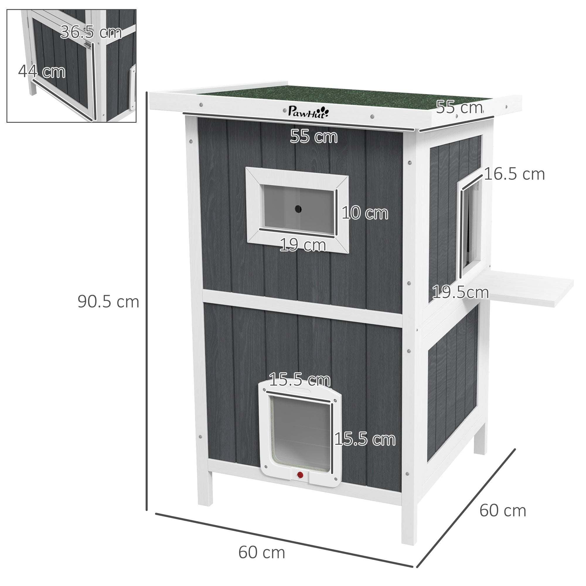 EasyComfort Cuccia per Gatti da Esterno in Legno a 2 Livelli con Tetto in Asfalto e 4 Porte, 60x60x90.5cm, Grigio