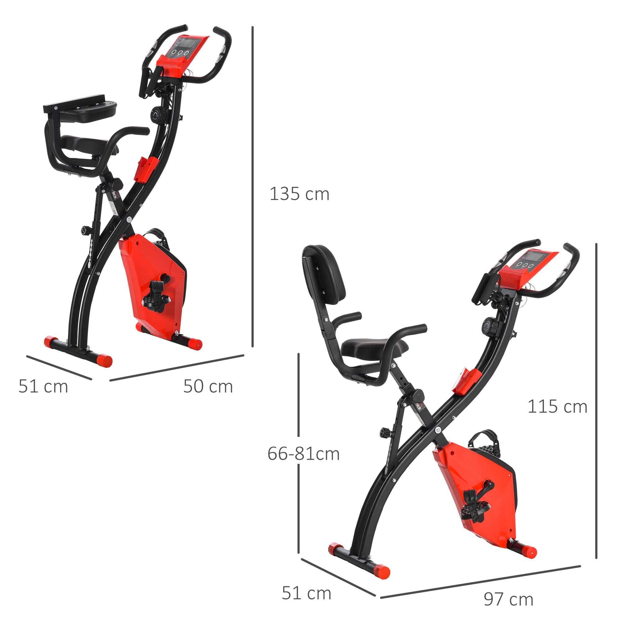 Easycomfort Cyclette Pieghevole 2 in 1, Resistenza Magnetica Regolabile 8 Livelli, Bici da Fitness with Sensore di Frequenza Cardiaca, Elastici per Braccia, Schermo LCD, Rosso