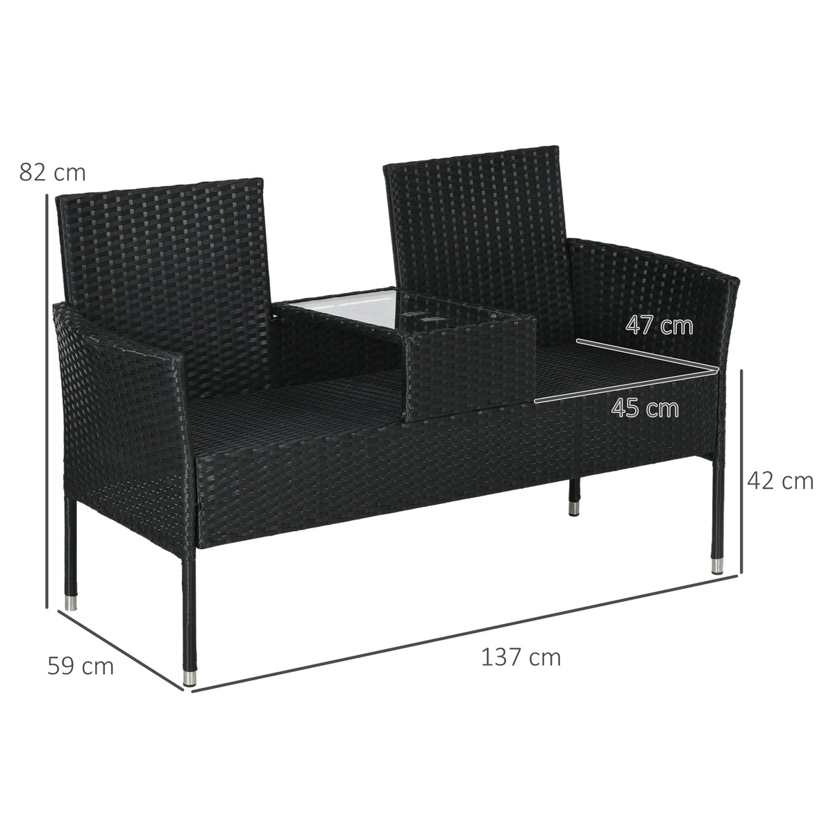 EasyComfort 2-zits buitenbank met tafeltje 137x59x82 cm, zwart