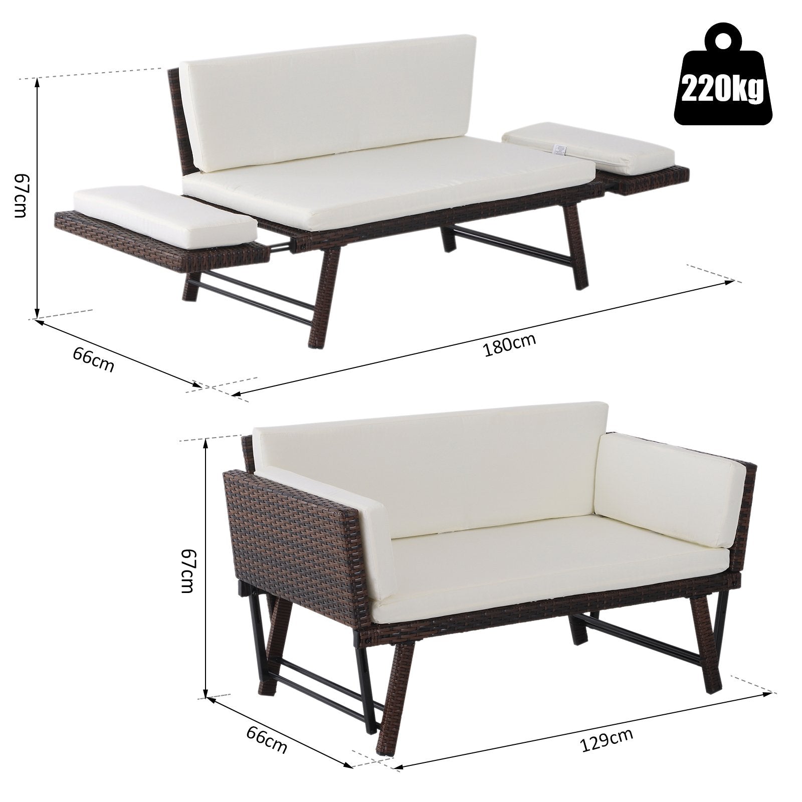 EASYCOMFORT 2 Seater Sofa with Extendable Garden Armrests Rattan 129x63x67cm White, Brown