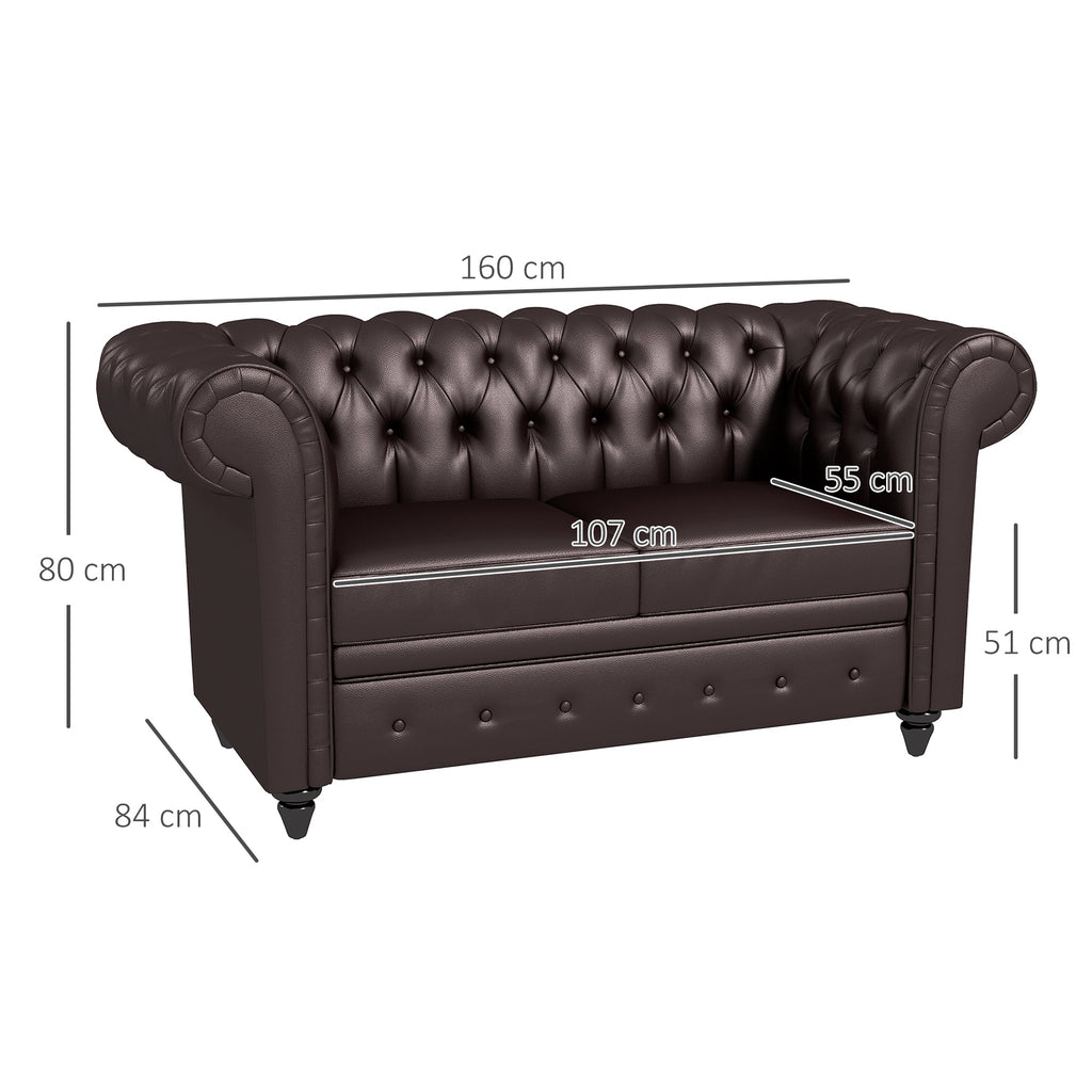 EasyComfort Divano 2 Posti stile Chesterfield with Cuscino Rimovibile, in Ecopelle, Legno e Metallo, 160x84x80 cm, Marrone