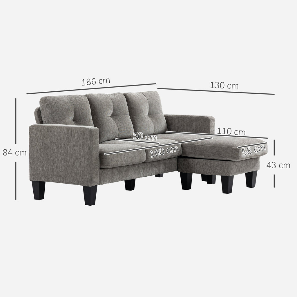 EasyComfort Divano Angolare 3 Posti with Cuscino per Seduta e Schienale, in Tessuto Effetto Ciniglia, 186x130x84 cm, Tortora