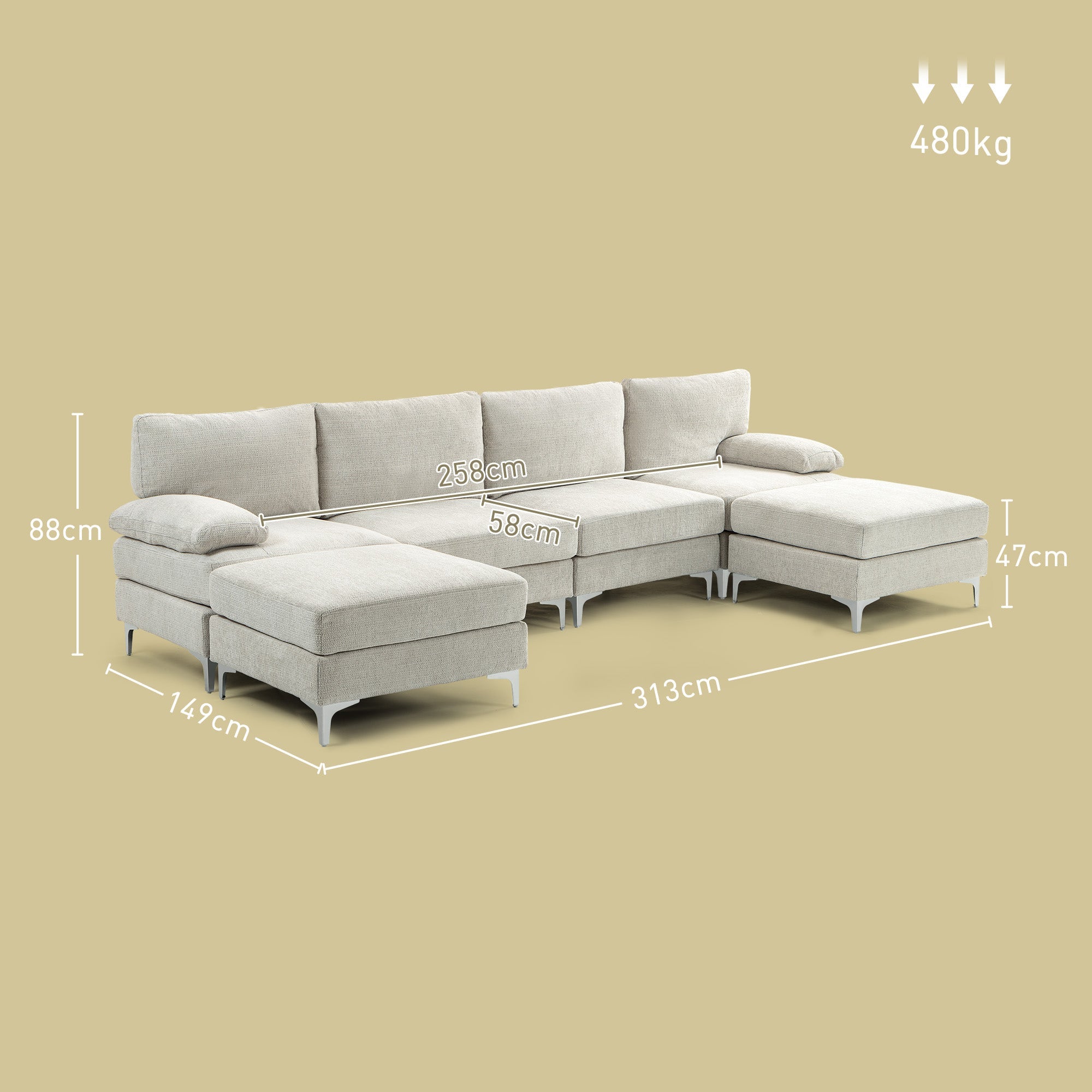 EasyComfort Divano Componibile 4 Pezzi with Poggiapiedi e Cuscini, in Tessuto effetto Ciniglia, 313x149x88 cm, white Crema