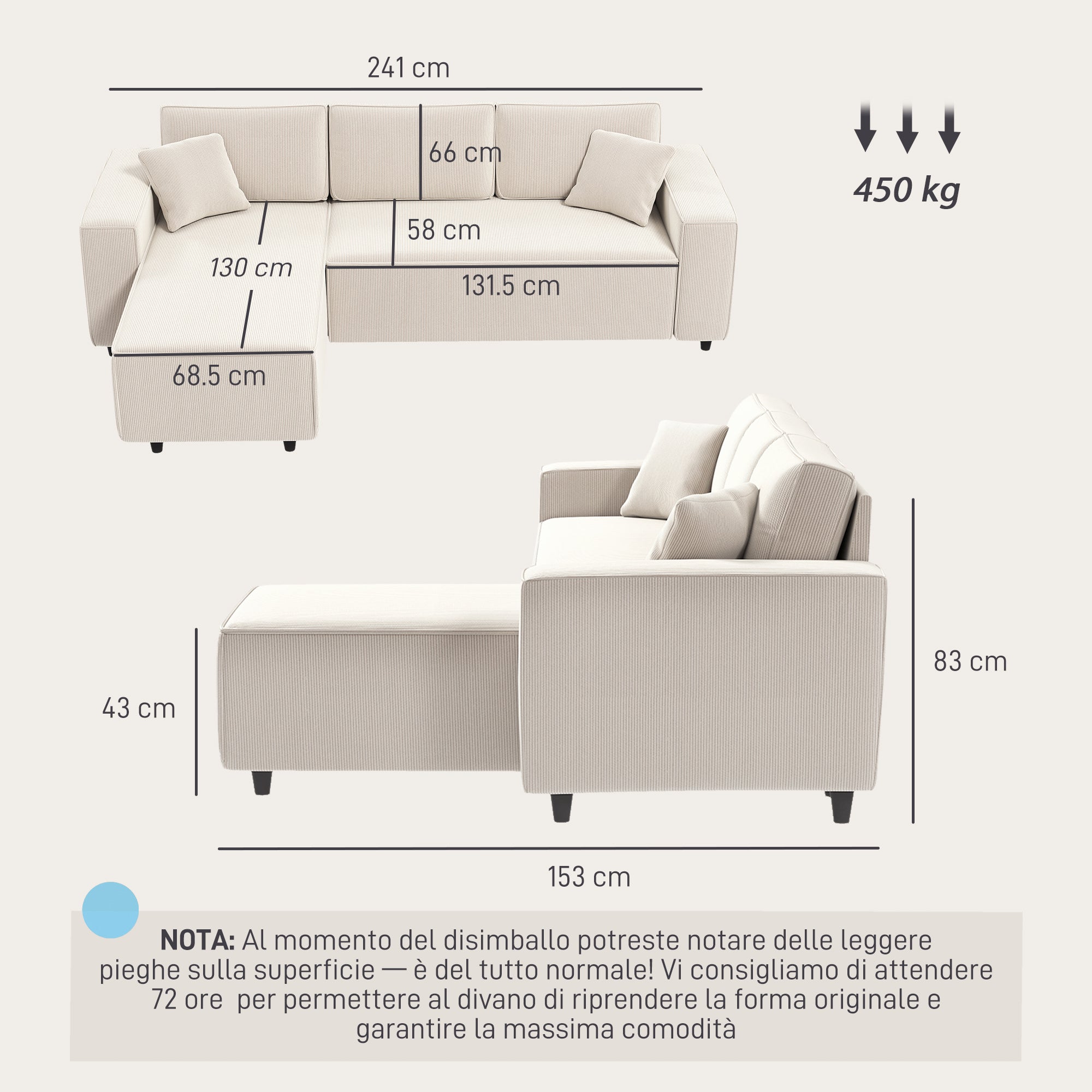 EasyComfort Divano 3-zits hoekbank met chaise-longue 241x153x83 cm crème