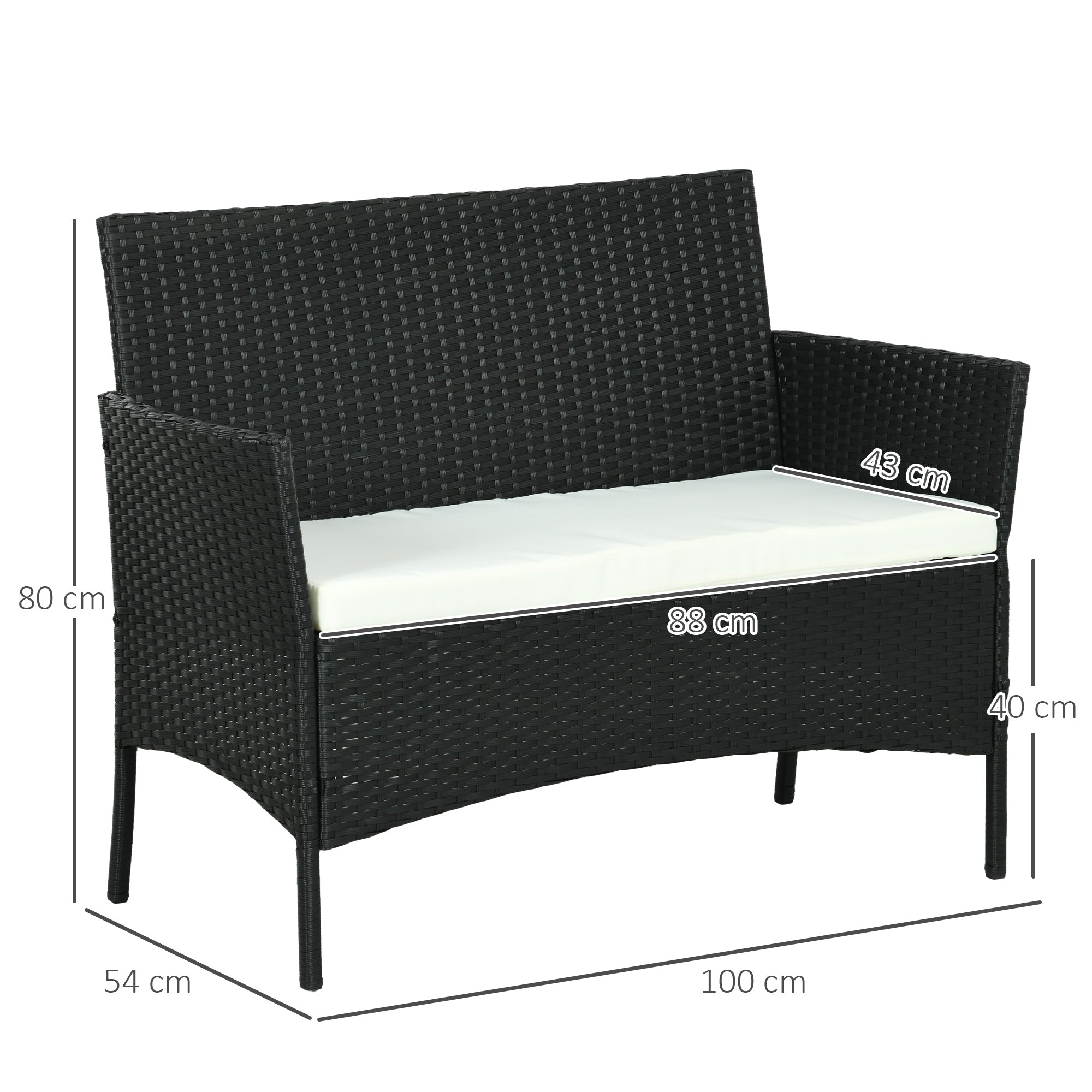 EasyComfort 2‑zits tuinbank in rattan PE en staal, 100×54×80 cm, zwart