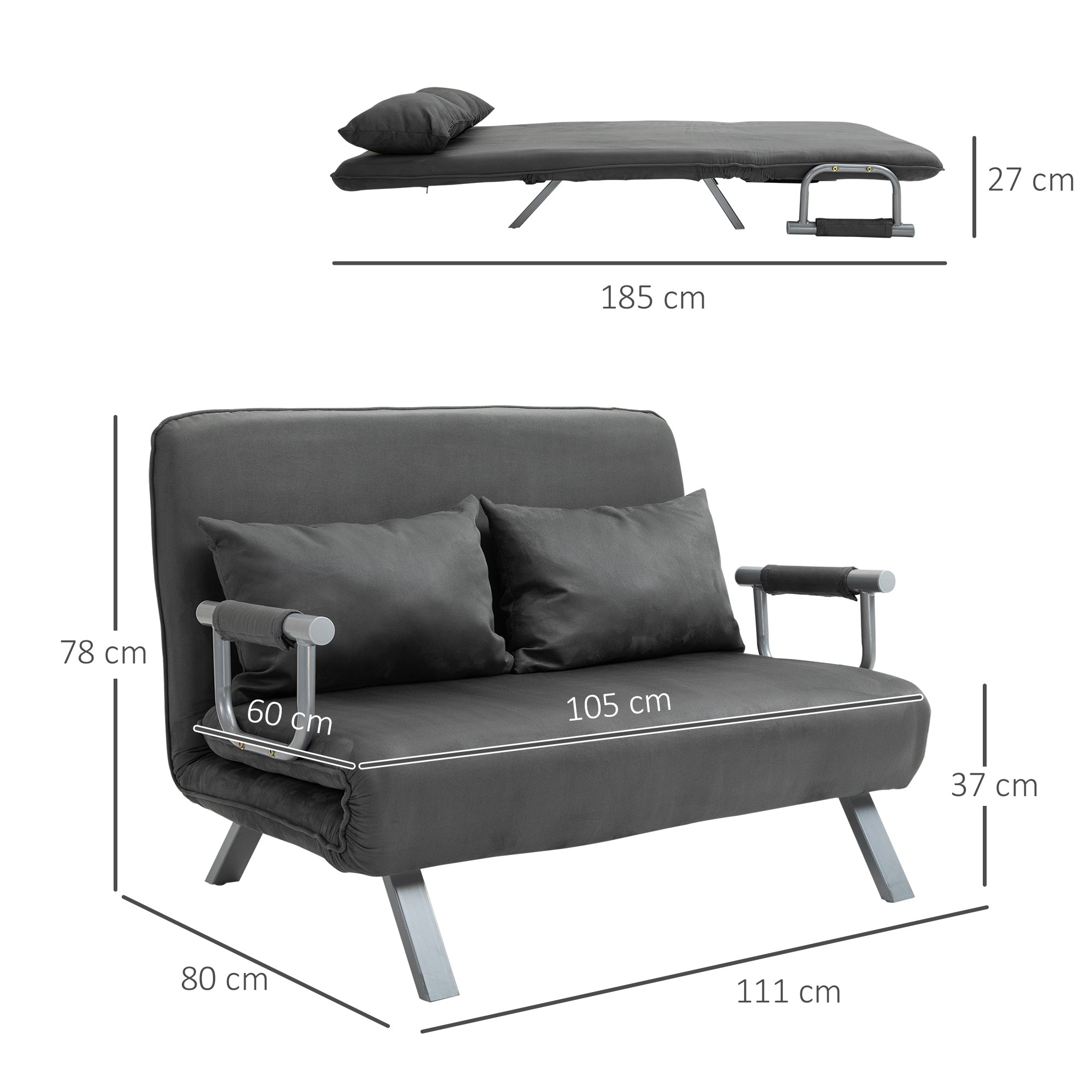 Easycomfort Divano Letto 2 Posti in Similpelle e Acciaio with Seduta Regolabile in 5 Posizioni, 105x80x78 cm, Grigio