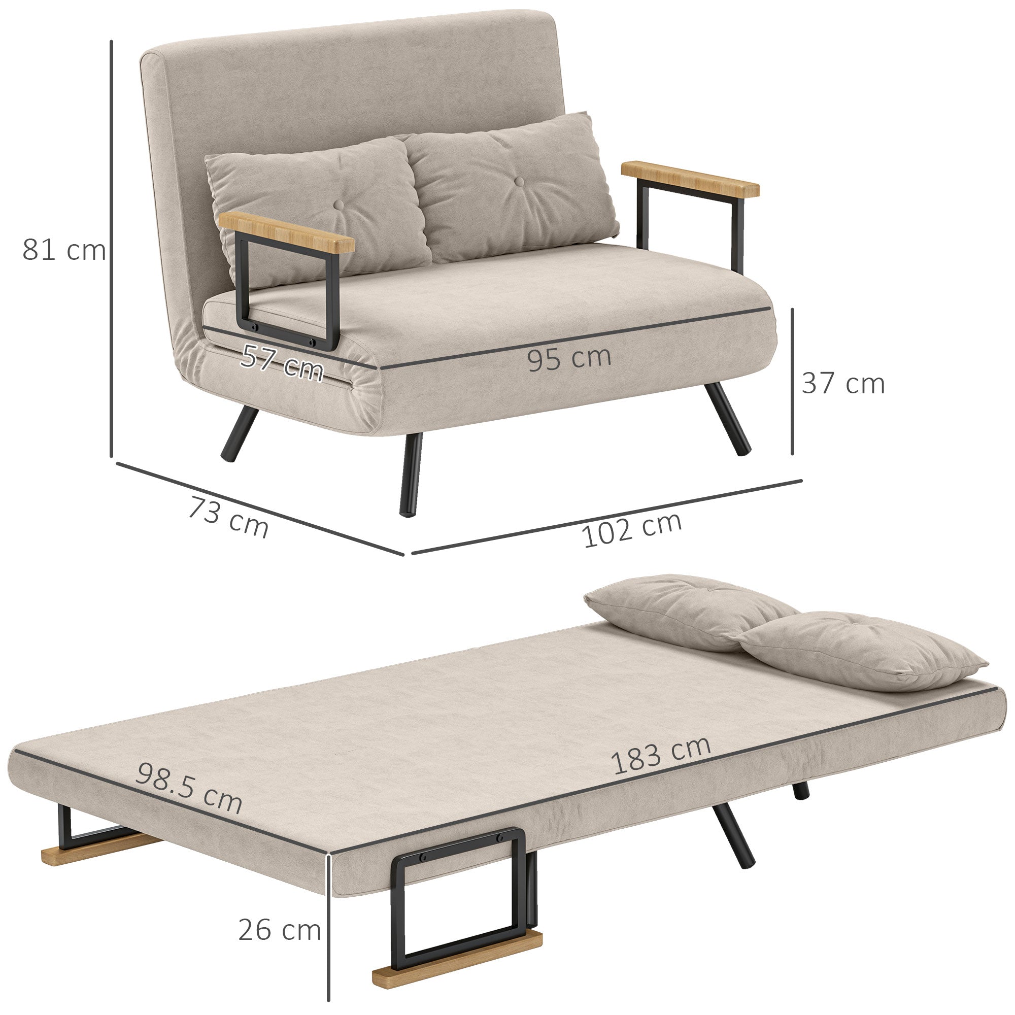 EasyComfort Divano Letto 3 in 1 in Tessuto Effetto Velluto with Schienale Regolabile e 2 Cuscini, 102x73x81 cm, white Crema
