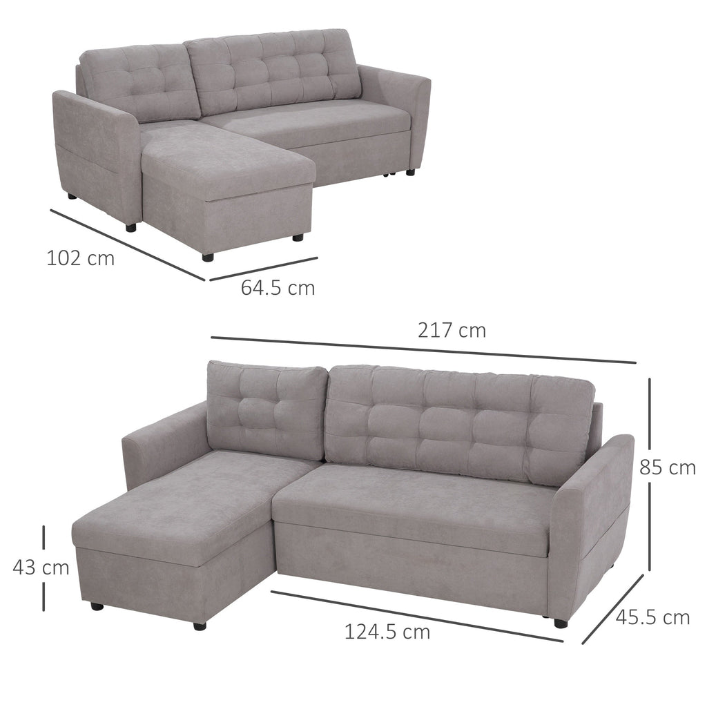 Easycomfort Divano Letto 3 Posti with Chaise Longue Contenitore in Tessuto, 217x134x85cm, Grigio