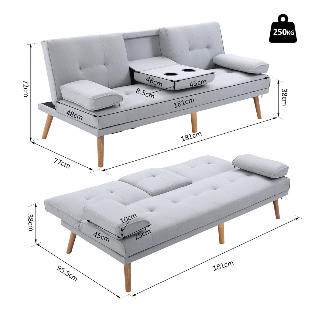 Easycomfort Divano Letto 3 Posti Stile Scandinavo Reclinabile with Tavolino a Ribalta, 181x77x88 cm, Grigio