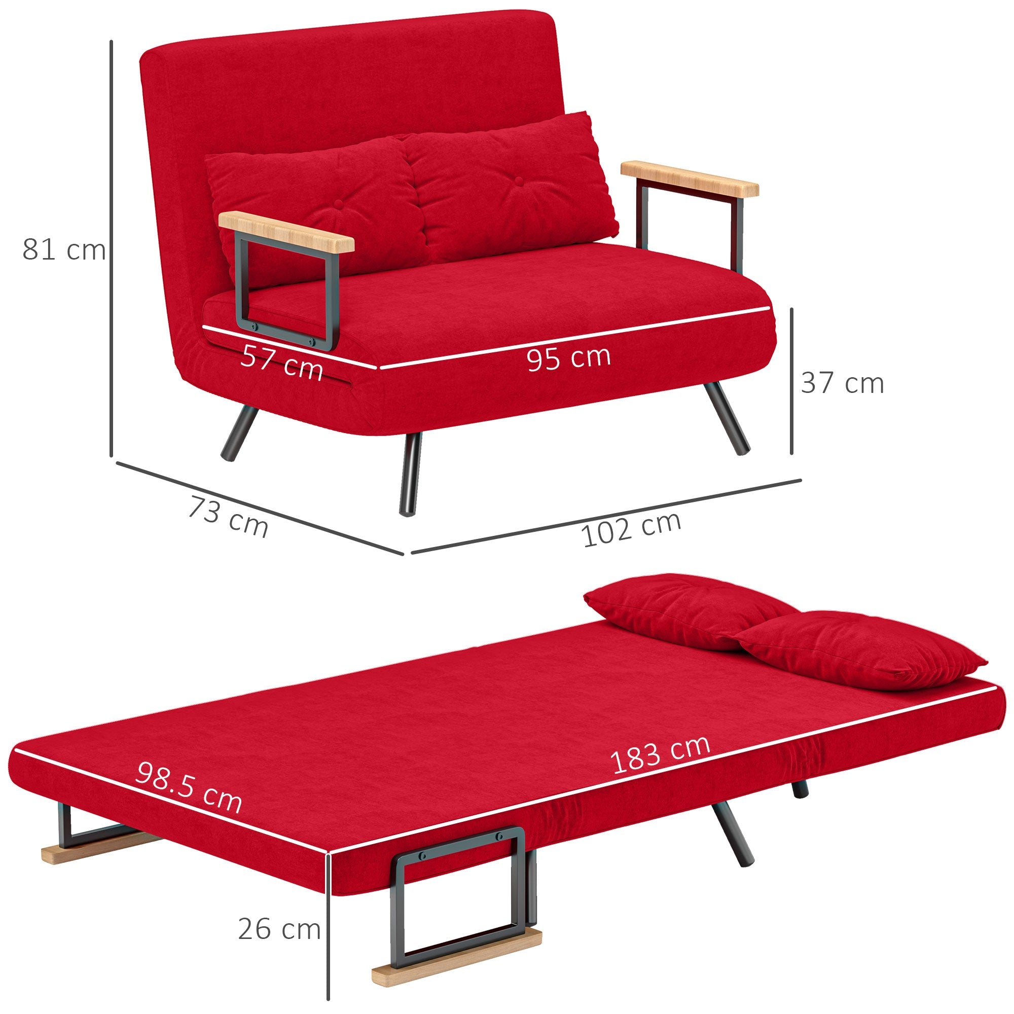 EasyComfort Slaapbank velours verstelbare rugleuning 102x73x81 cm, rood