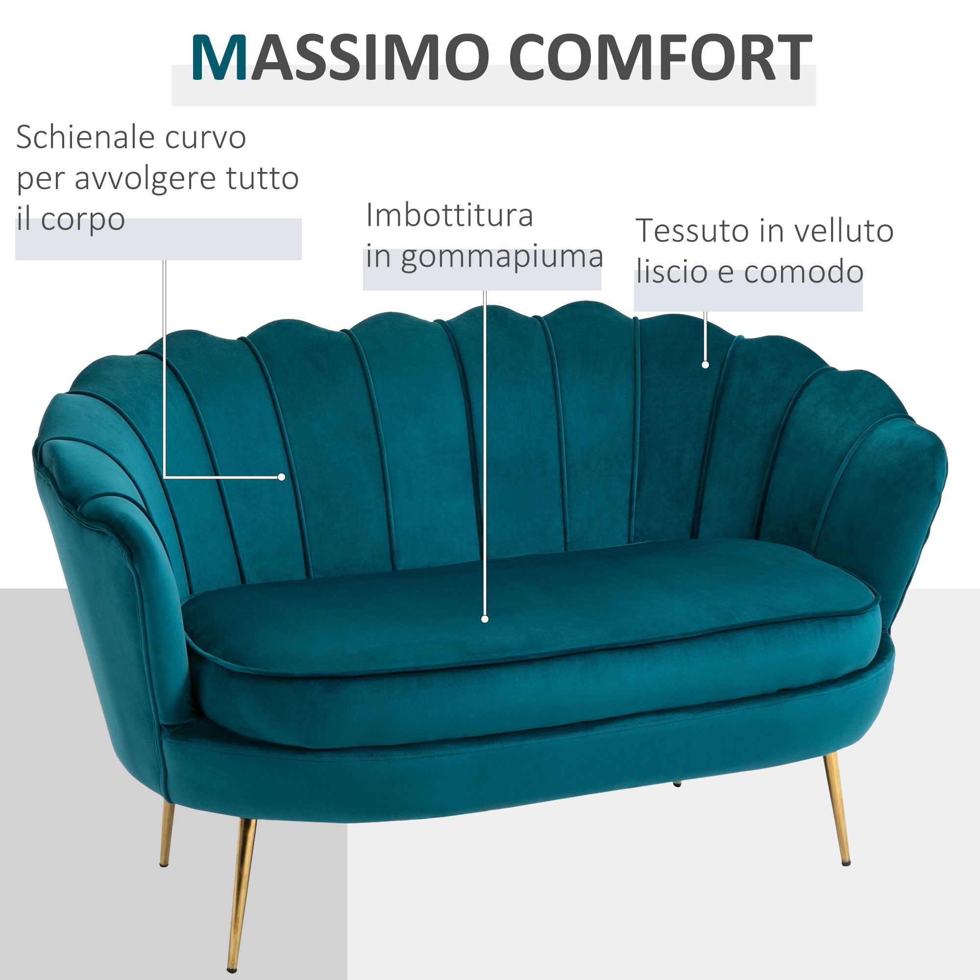 EasyComfort Divano Vintage 2-zits bank 130x77x77 cm, petrolgroen/goud