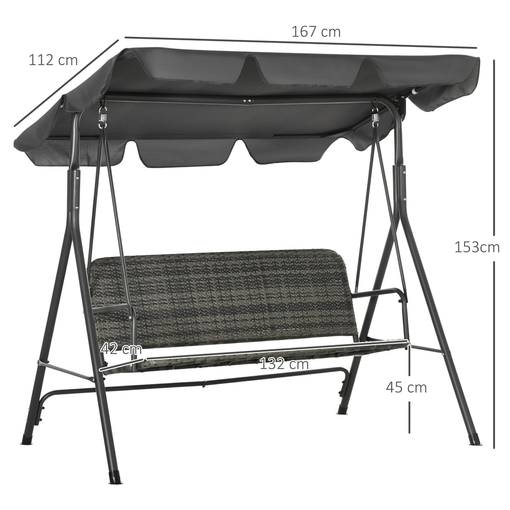 EasyComfort Dondolo da Giardino 3 Posti con Tettuccio Regolabile in Rattan PE, 167x112x153cm, Grigio Scuro